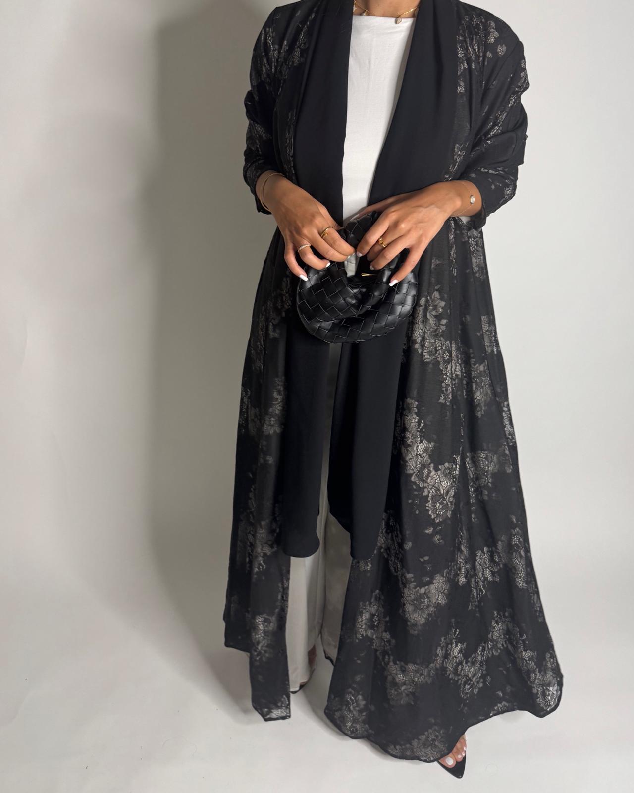 A593 - Black Linen & Lace A-CUT Summery Abaya & Matching Head Scarf