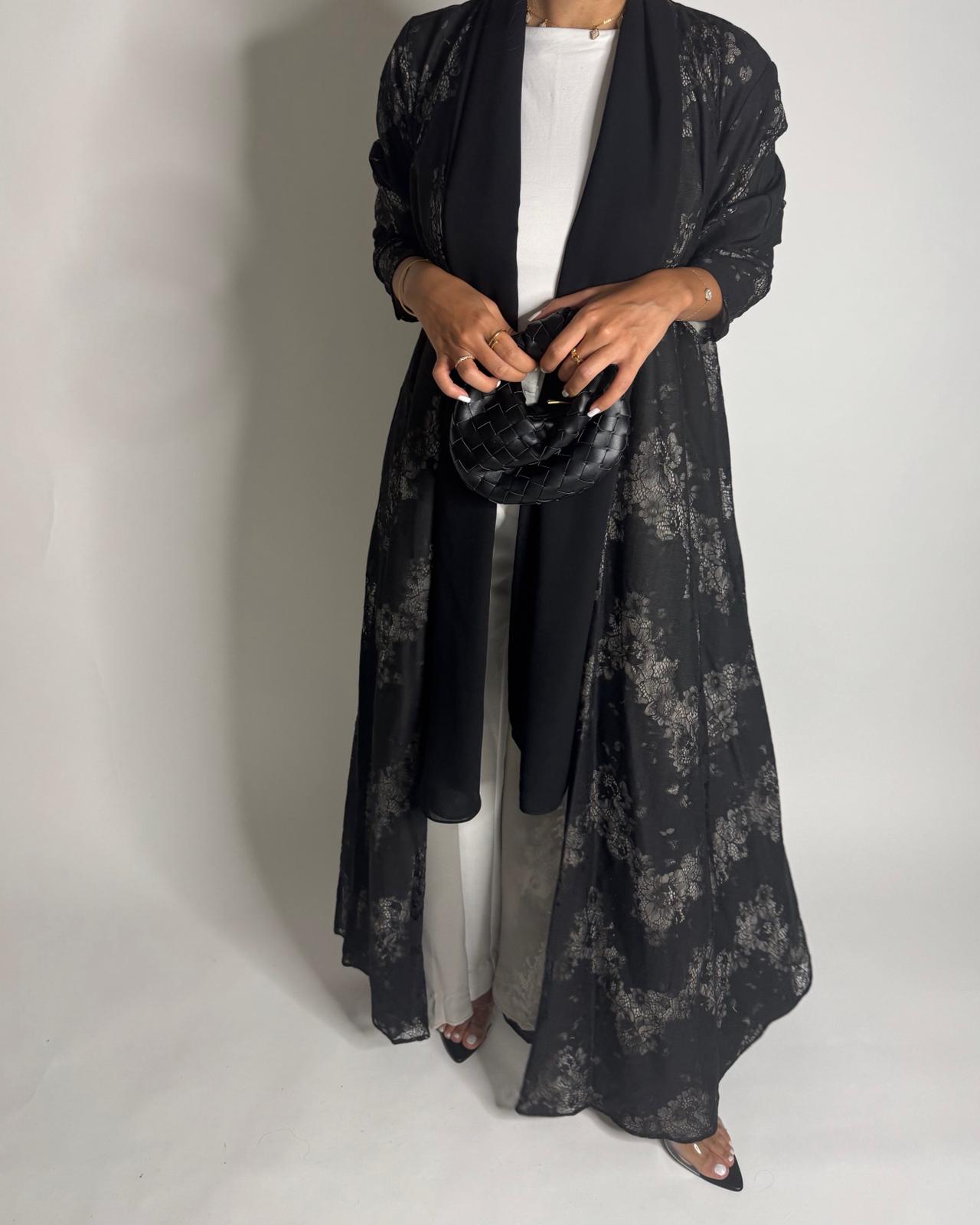 A593 - Black Linen & Lace A-CUT Summery Abaya & Matching Head Scarf