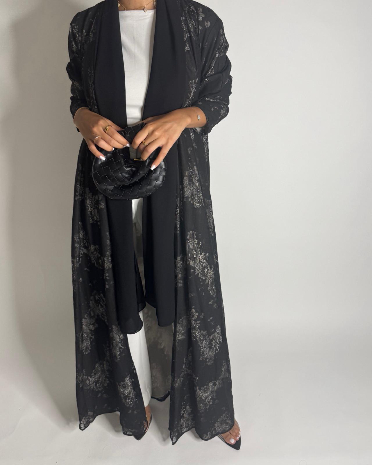 A593 - Black Linen & Lace A-CUT Summery Abaya & Matching Head Scarf