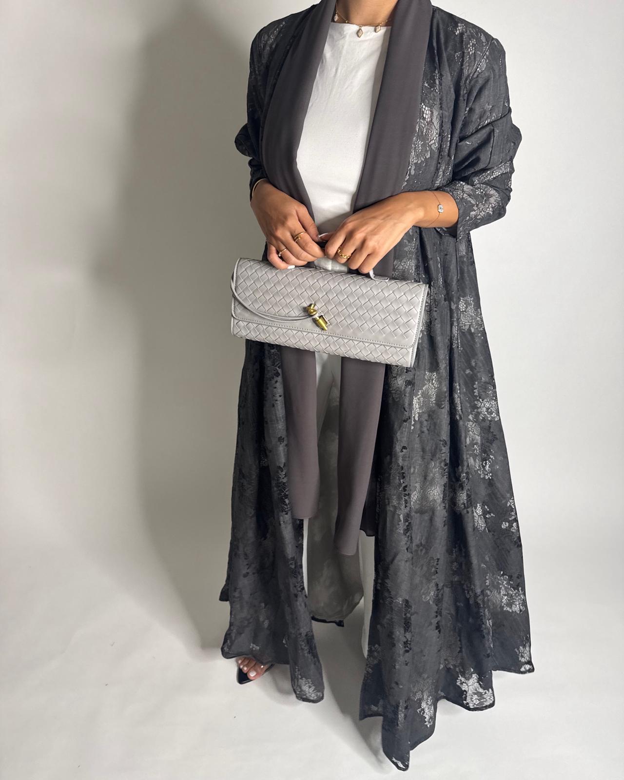 A592 - Gray Linen & Lace A-CUT Summery Abaya & Matching Head Scarf