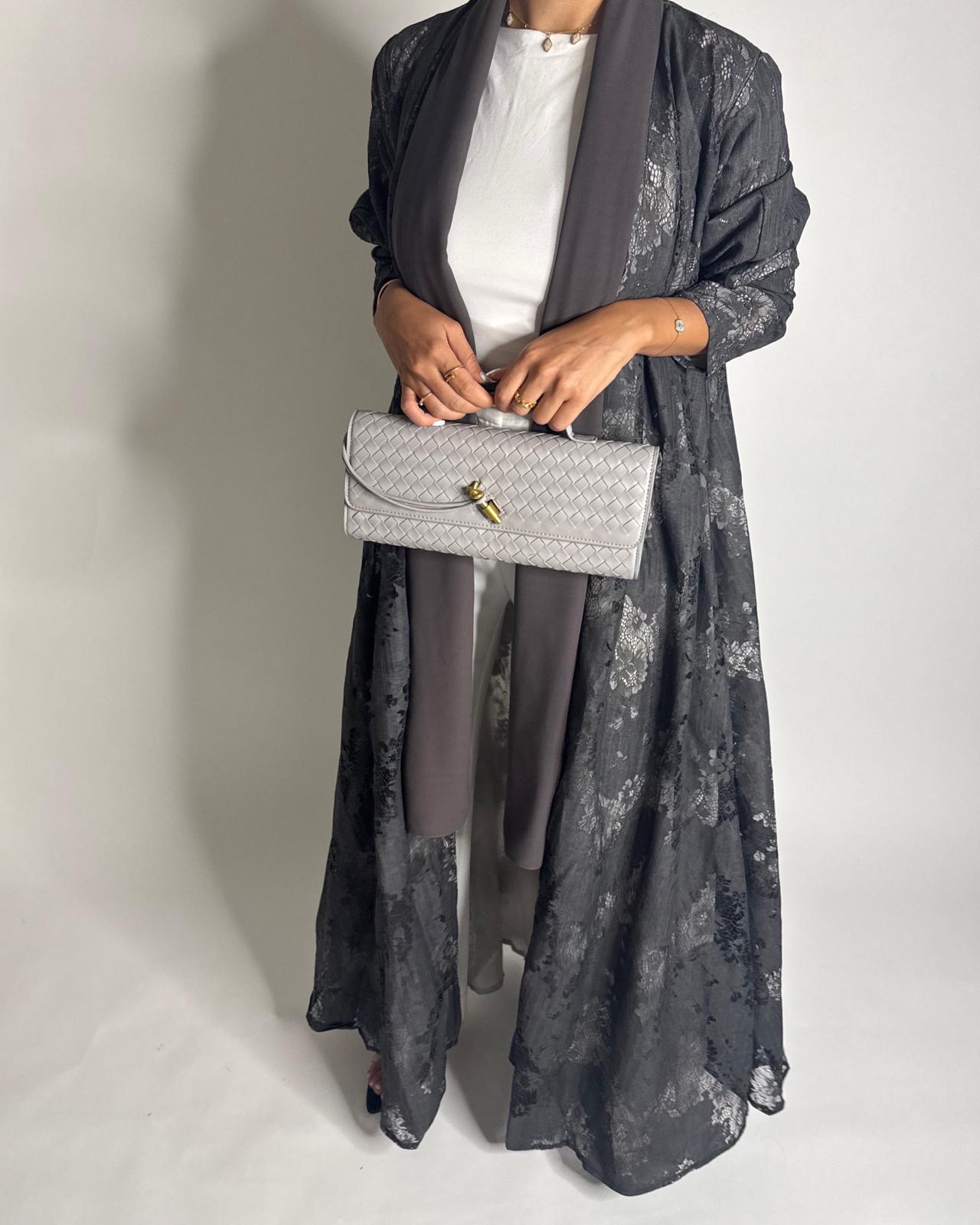 A592 - Gray Linen & Lace A-CUT Summery Abaya & Matching Head Scarf