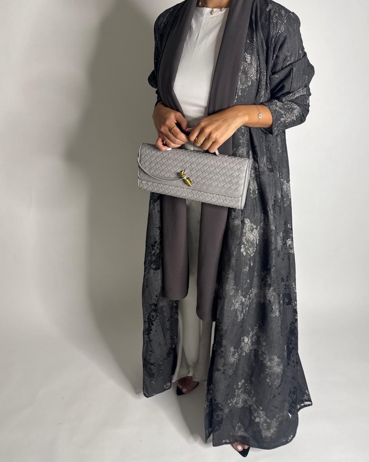 A592 - Gray Linen & Lace A-CUT Summery Abaya & Matching Head Scarf