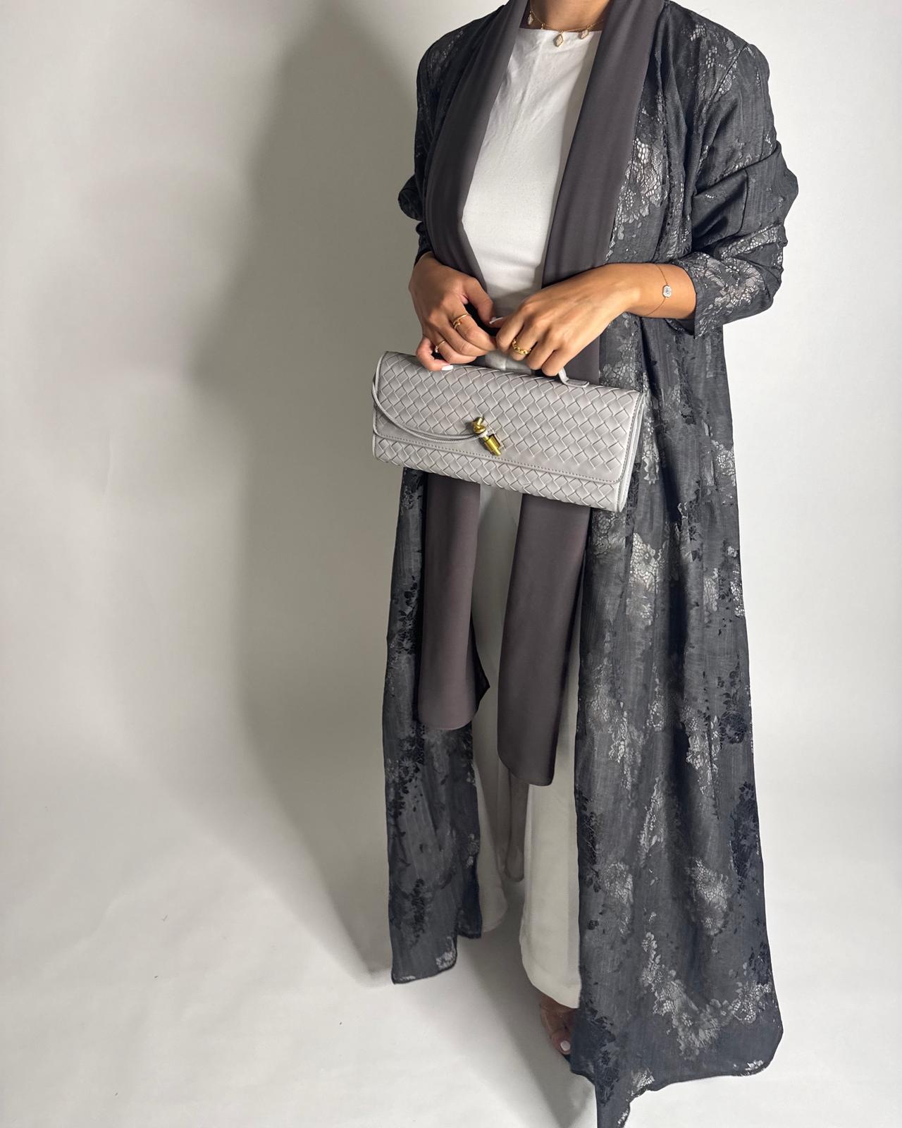A592 - Gray Linen & Lace A-CUT Summery Abaya & Matching Head Scarf