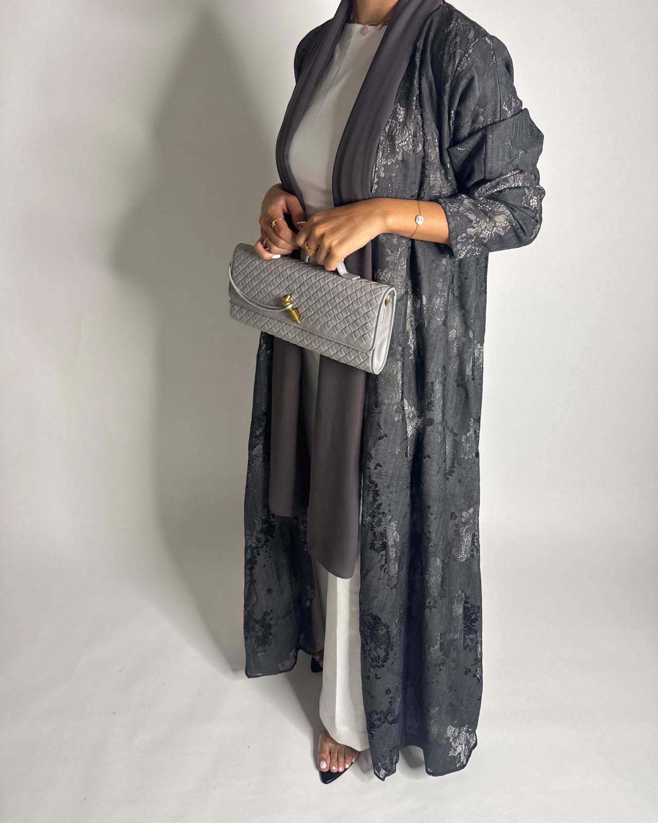 A592 - Gray Linen & Lace A-CUT Summery Abaya & Matching Head Scarf