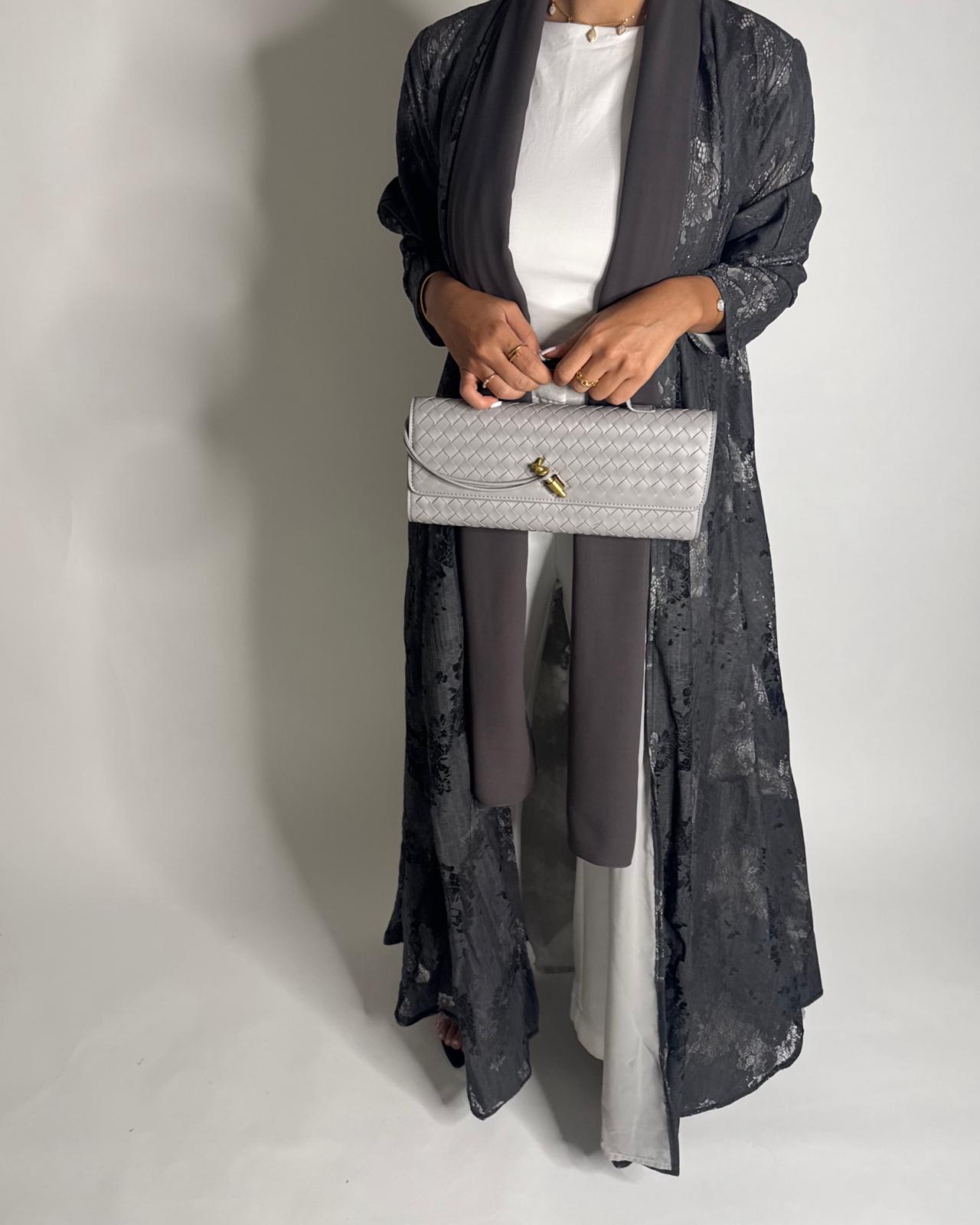A592 - Gray Linen & Lace A-CUT Summery Abaya & Matching Head Scarf