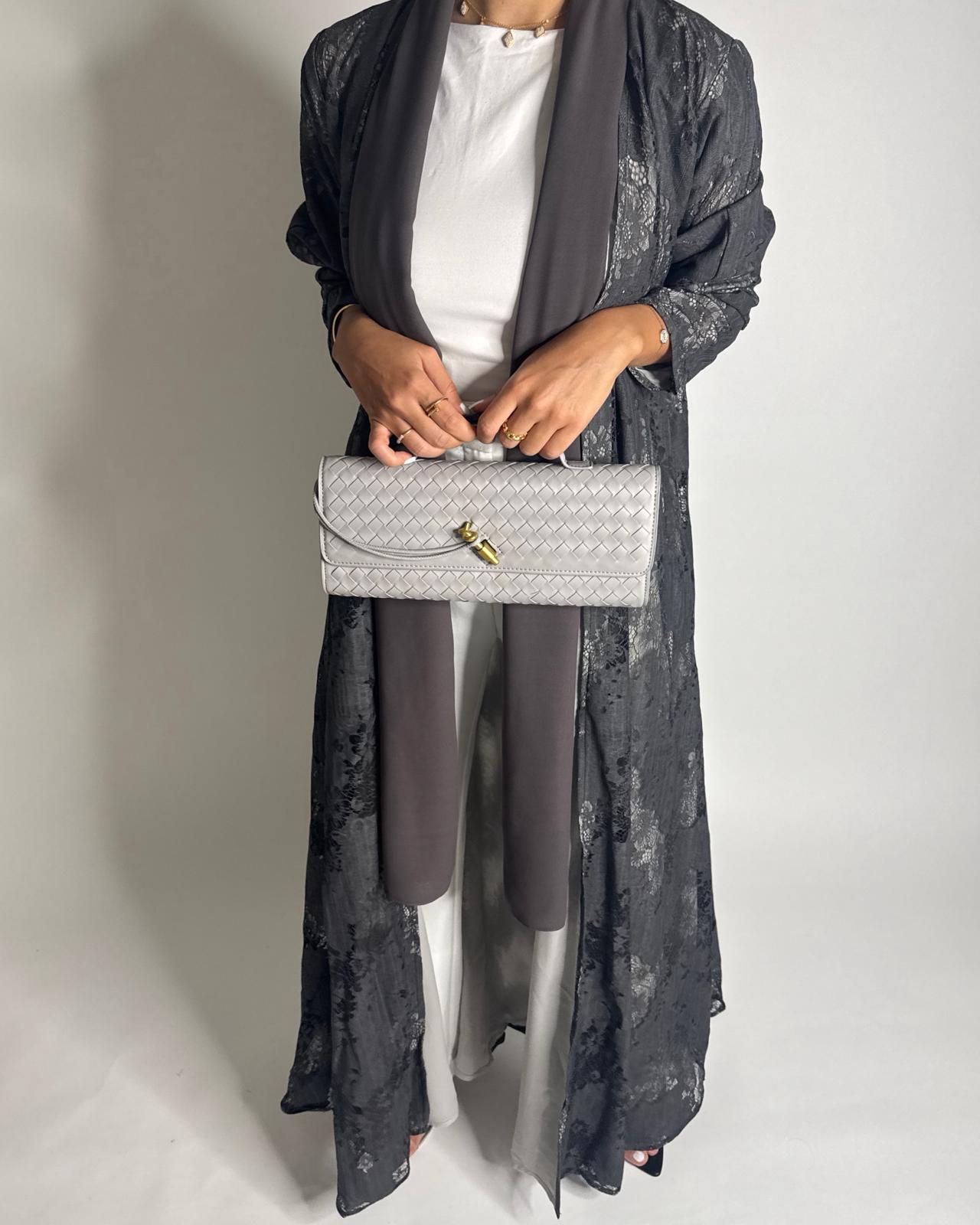 A592 - Gray Linen & Lace A-CUT Summery Abaya & Matching Head Scarf
