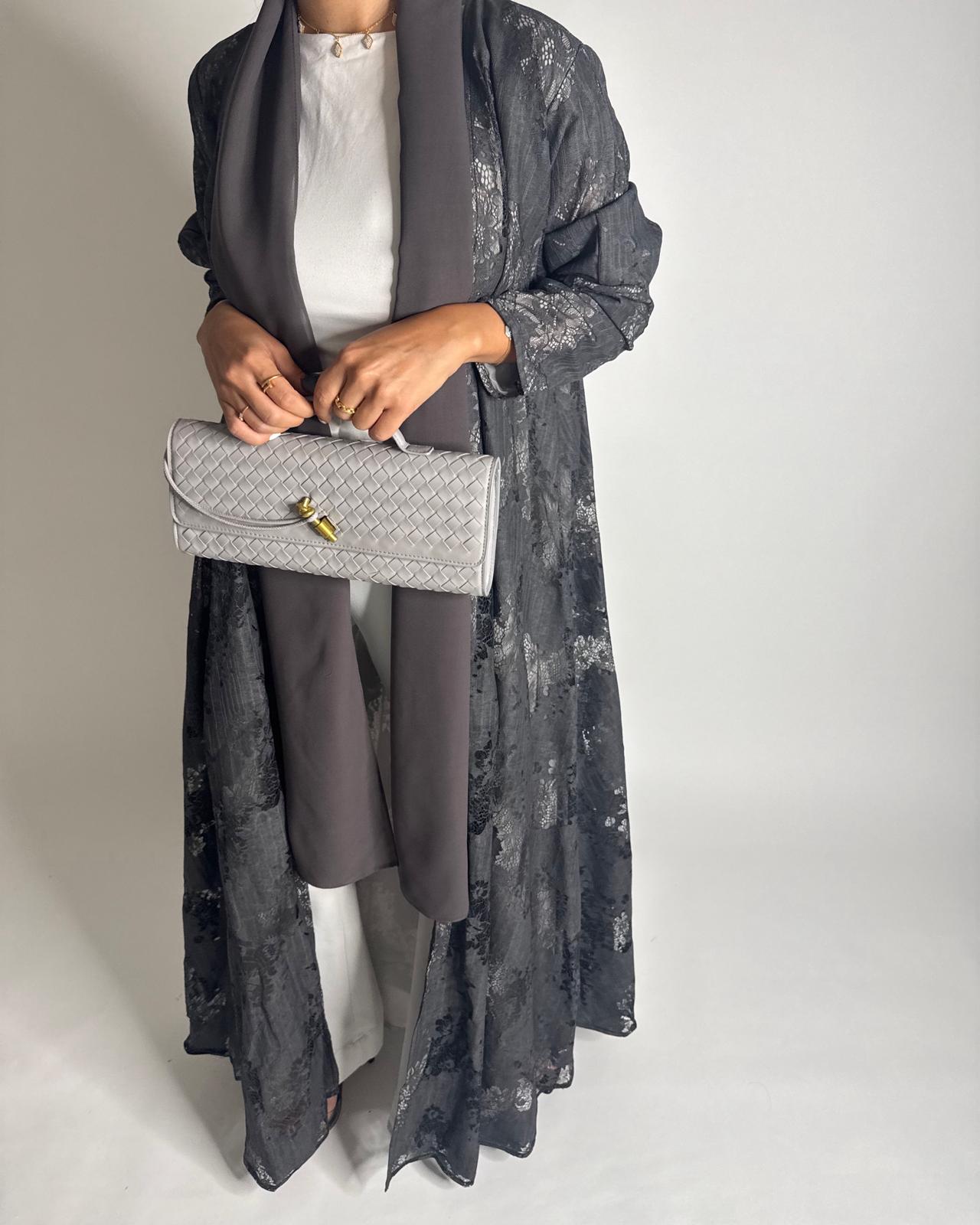 A592 - Gray Linen & Lace A-CUT Summery Abaya & Matching Head Scarf