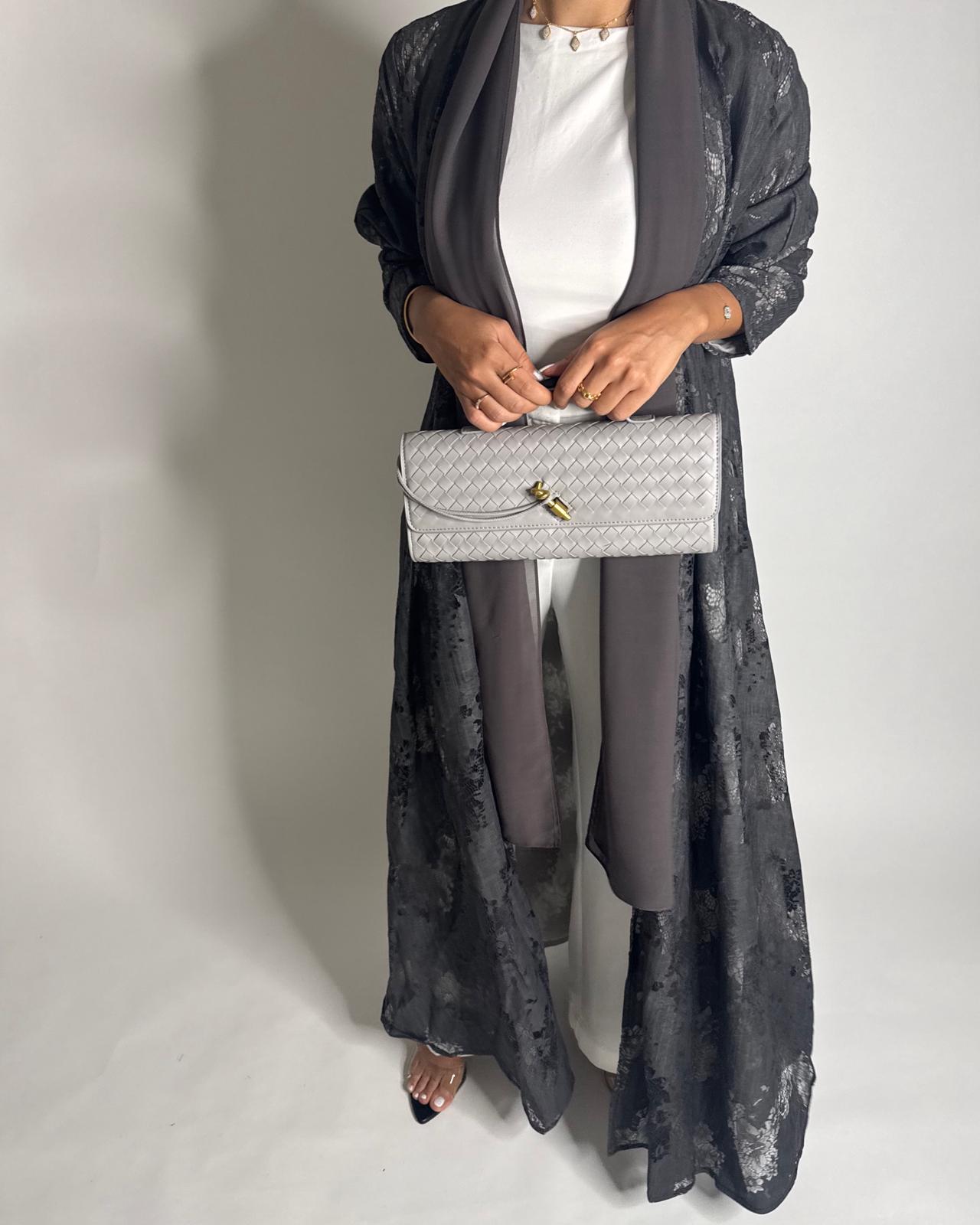 A592 - Gray Linen & Lace A-CUT Summery Abaya & Matching Head Scarf
