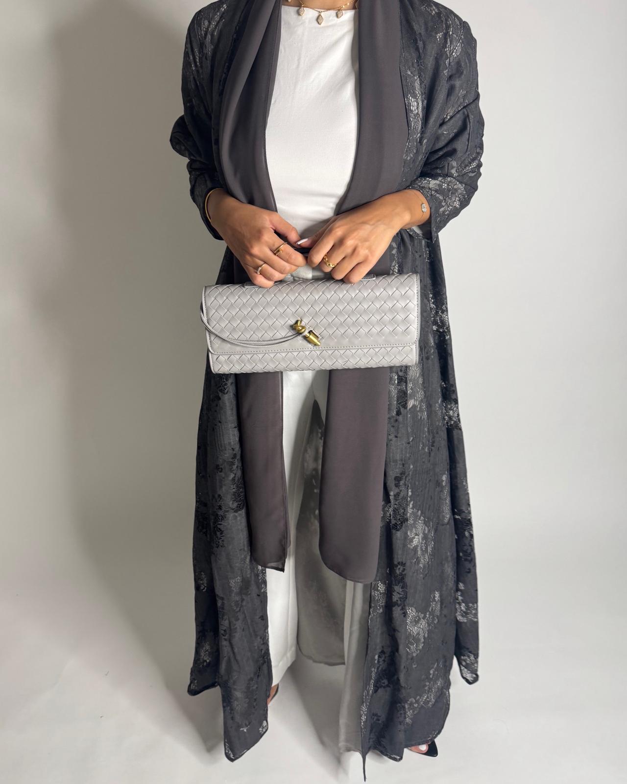 A592 - Gray Linen & Lace A-CUT Summery Abaya & Matching Head Scarf