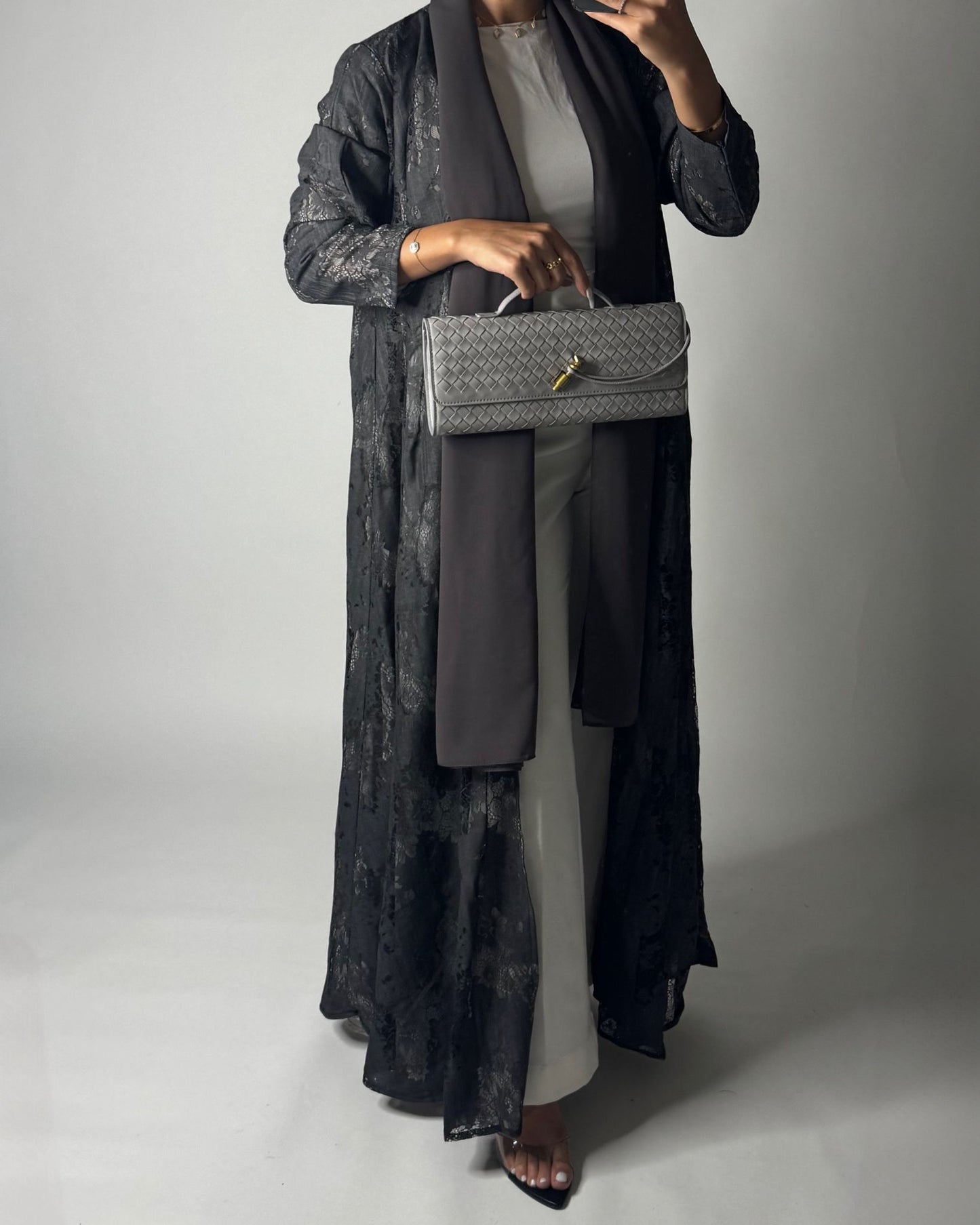 A592 - Gray Linen & Lace A-CUT Summery Abaya & Matching Head Scarf