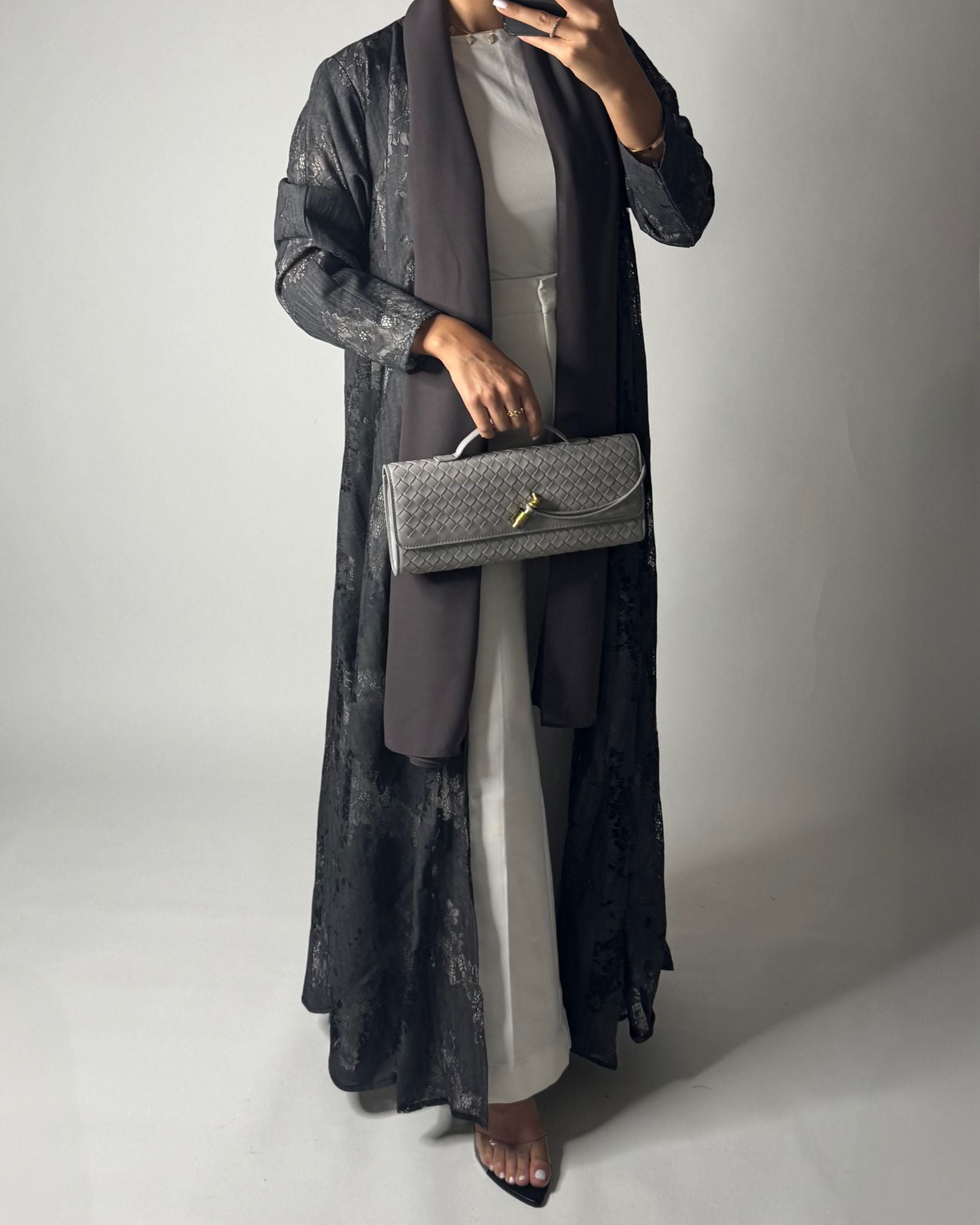 A592 - Gray Linen & Lace A-CUT Summery Abaya & Matching Head Scarf