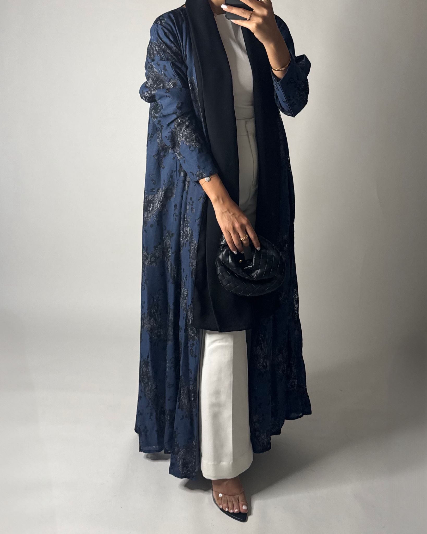A594 - Blue & Black Linen & Lace A-CUT Summery Abaya & Matching Head Scarf
