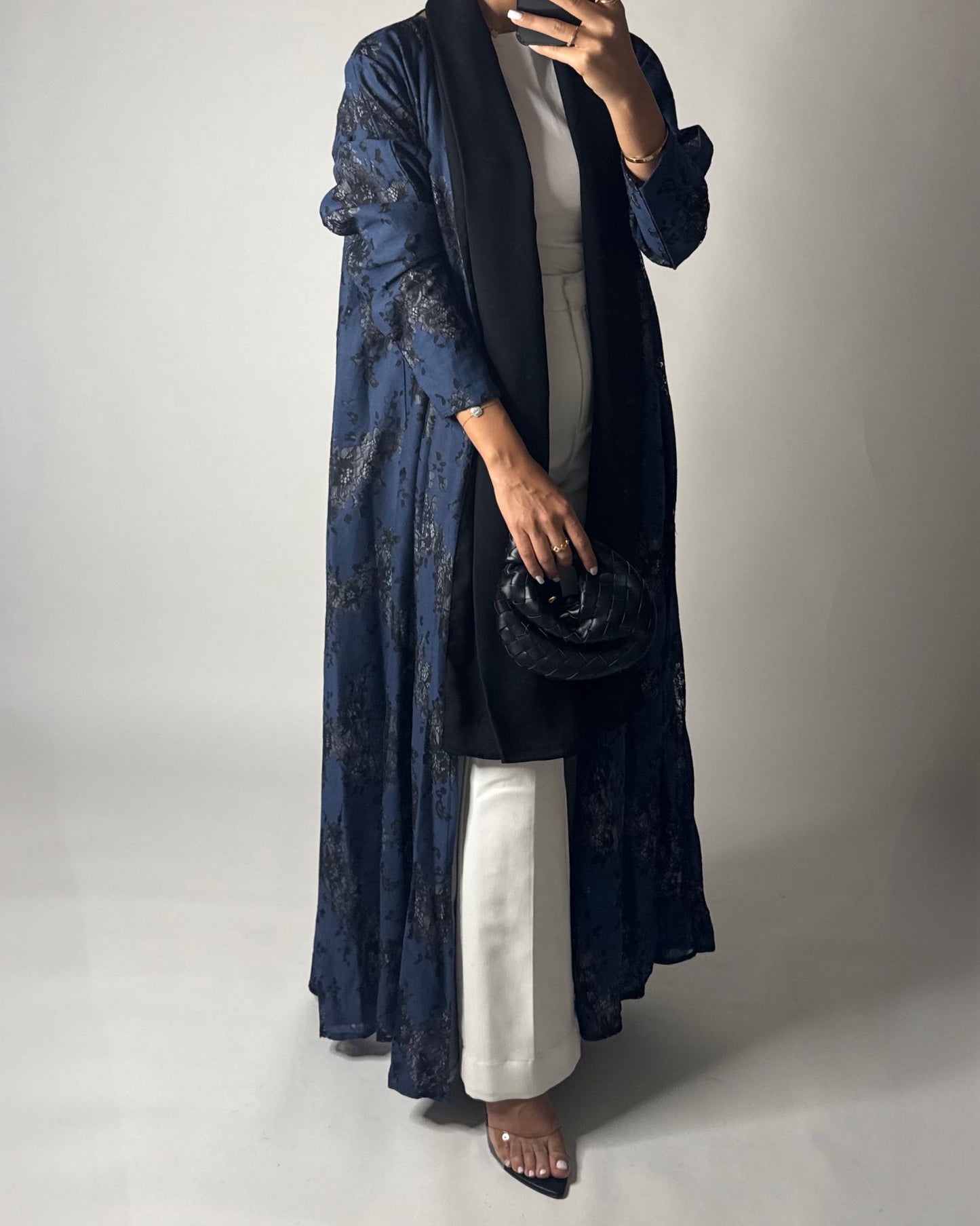 A594 - Blue & Black Linen & Lace A-CUT Summery Abaya & Matching Head Scarf
