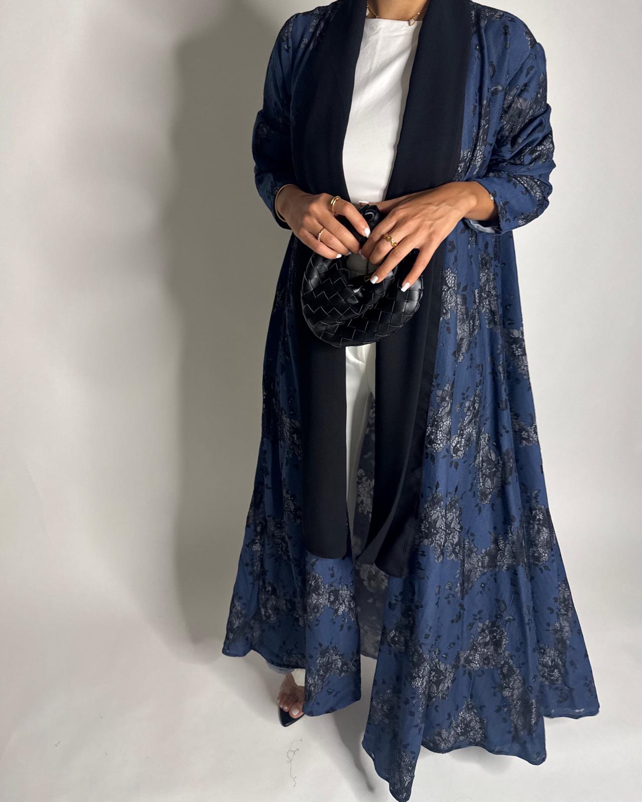 A594 - Blue & Black Linen & Lace A-CUT Summery Abaya & Matching Head Scarf