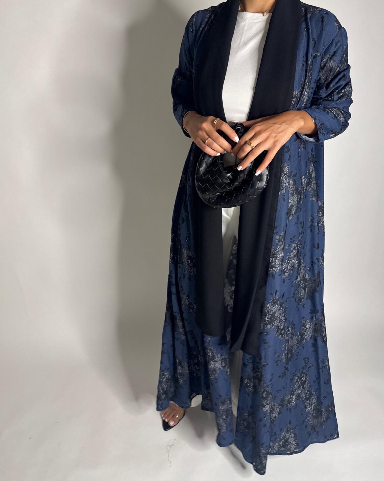 A594 - Blue & Black Linen & Lace A-CUT Summery Abaya & Matching Head Scarf