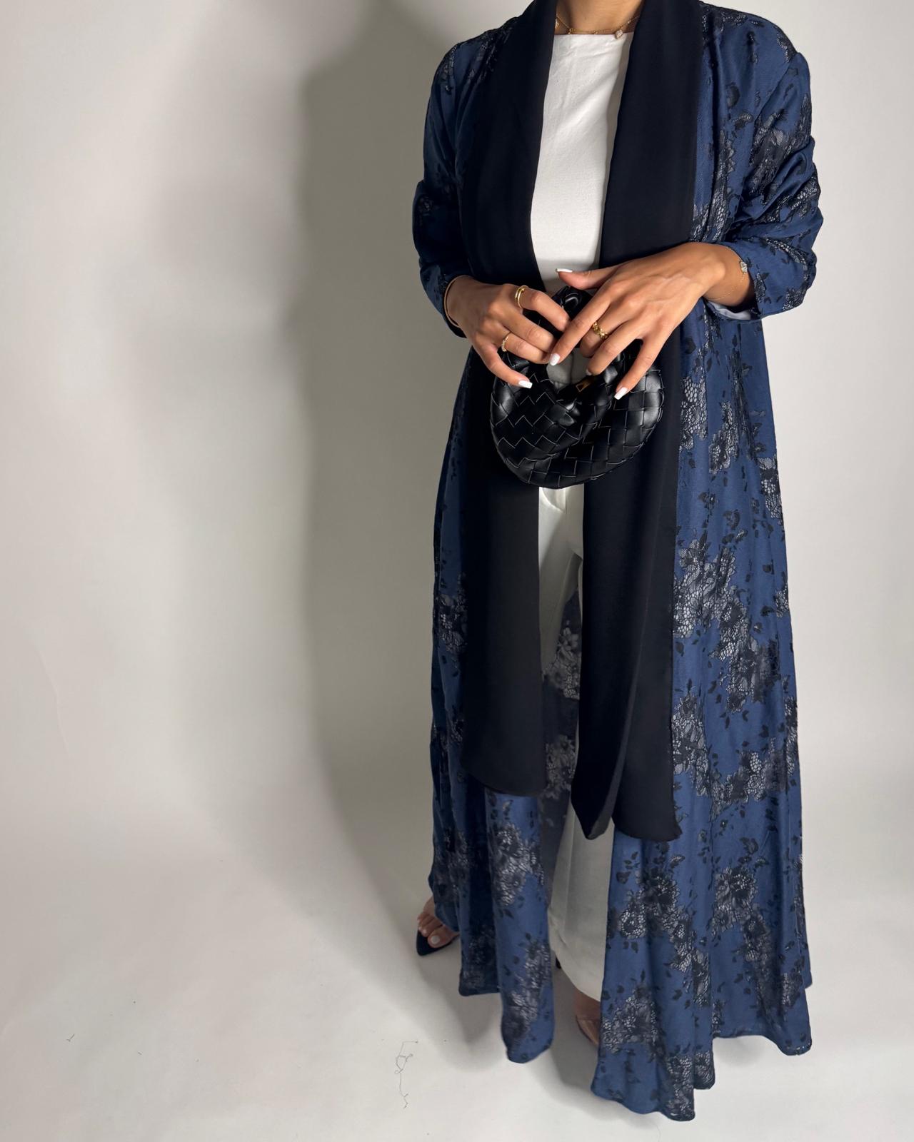 A594 - Blue & Black Linen & Lace A-CUT Summery Abaya & Matching Head Scarf