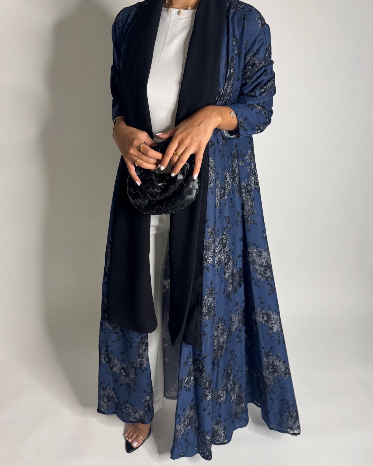 A594 - Blue & Black Linen & Lace A-CUT Summery Abaya & Matching Head Scarf