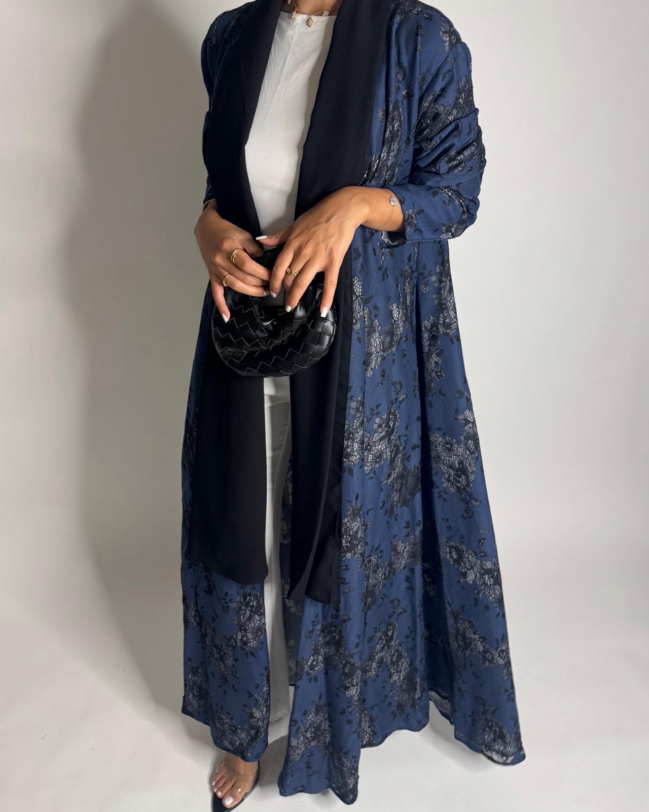 A594 - Blue & Black Linen & Lace A-CUT Summery Abaya & Matching Head Scarf