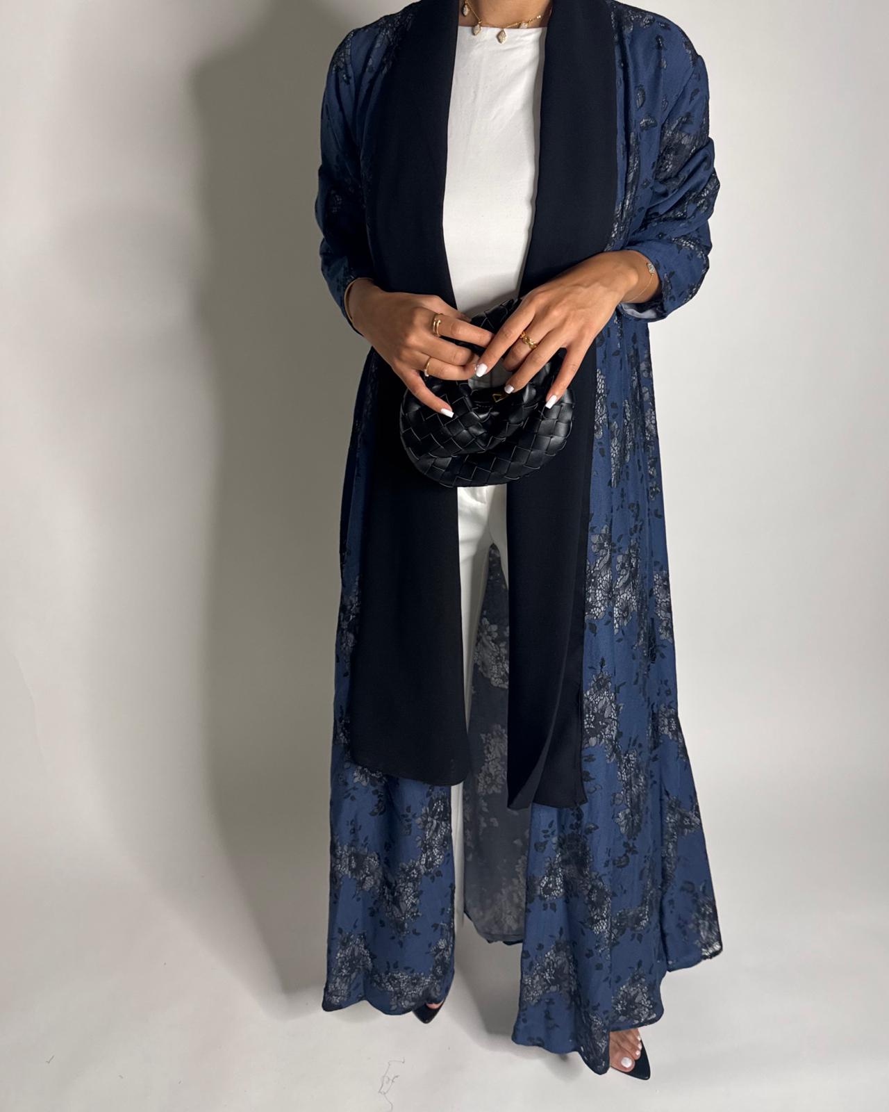A594 - Blue & Black Linen & Lace A-CUT Summery Abaya & Matching Head Scarf