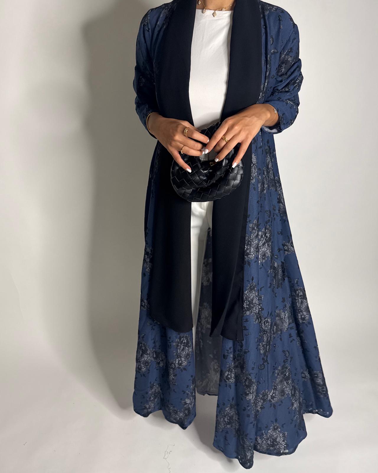 A594 - Blue & Black Linen & Lace A-CUT Summery Abaya & Matching Head Scarf