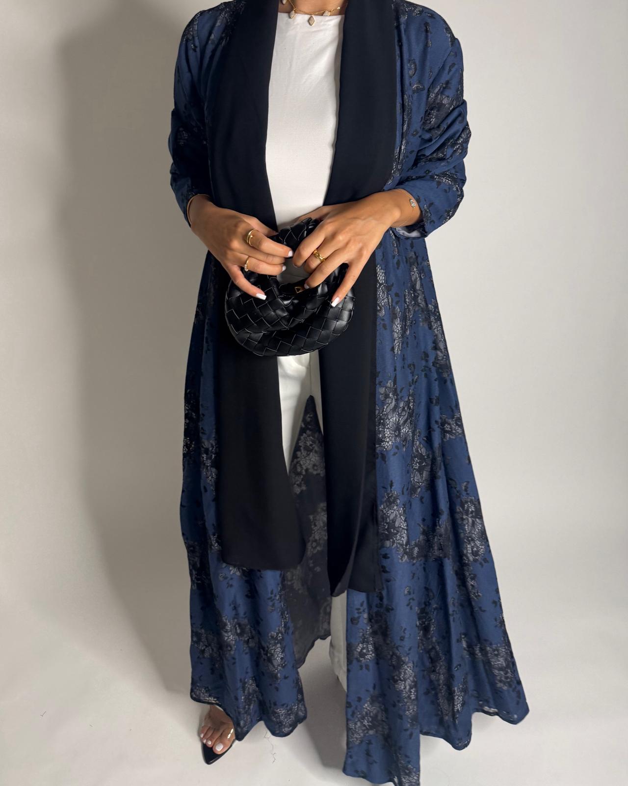 A594 - Blue & Black Linen & Lace A-CUT Summery Abaya & Matching Head Scarf