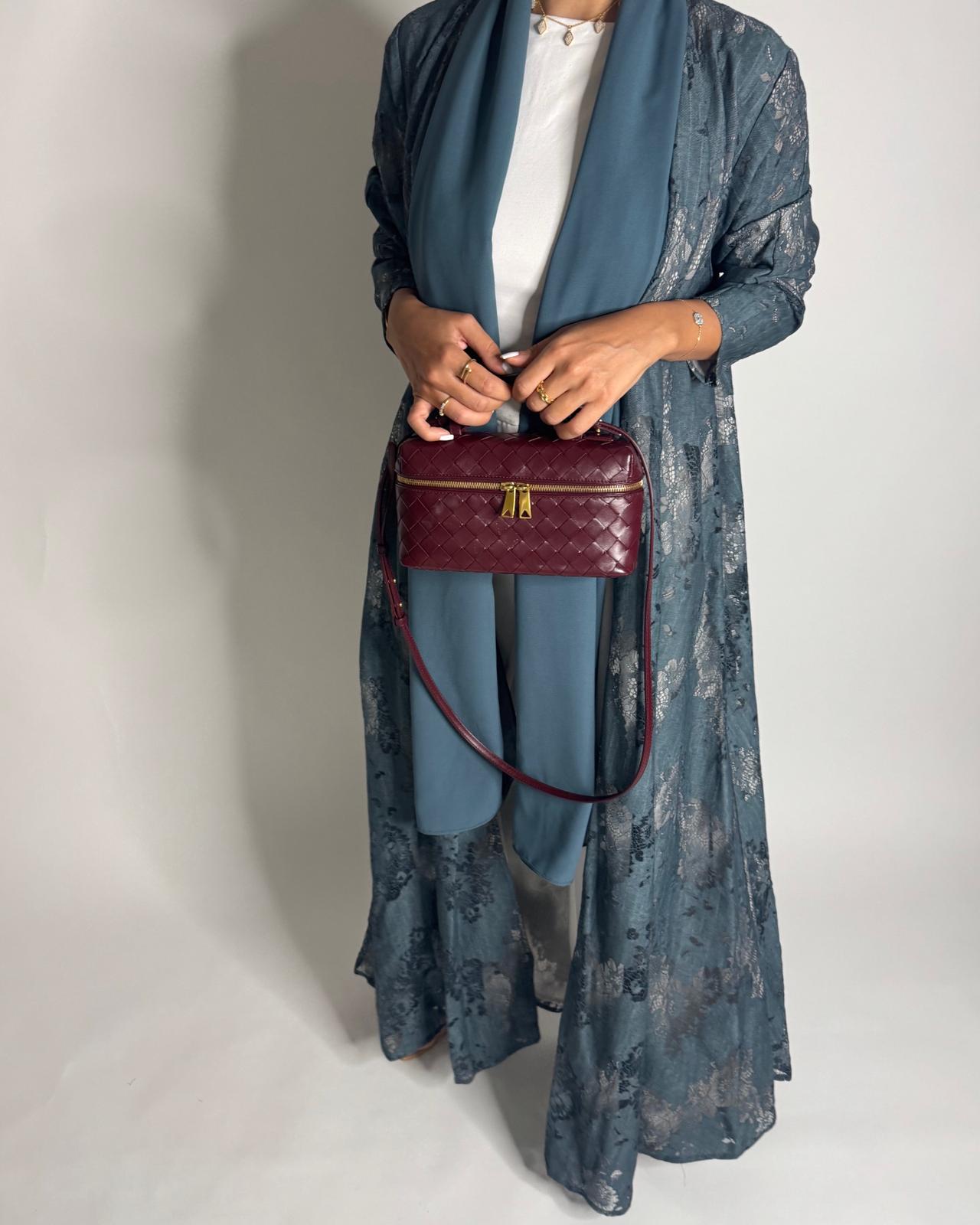A590 - Teal Blue Linen & Lace A-CUT Summery Abaya & Matching Head Scarf