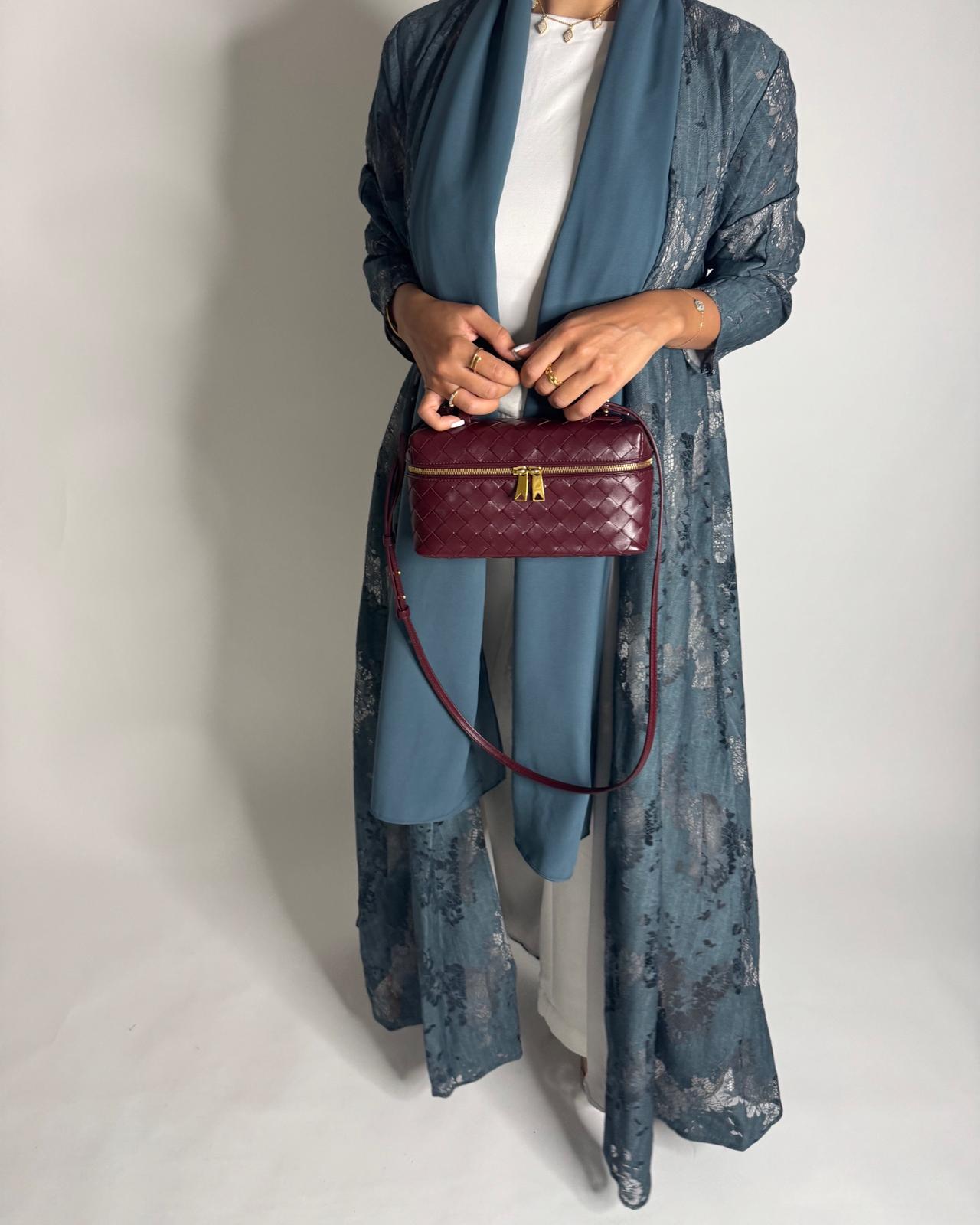 A590 - Teal Blue Linen & Lace A-CUT Summery Abaya & Matching Head Scarf