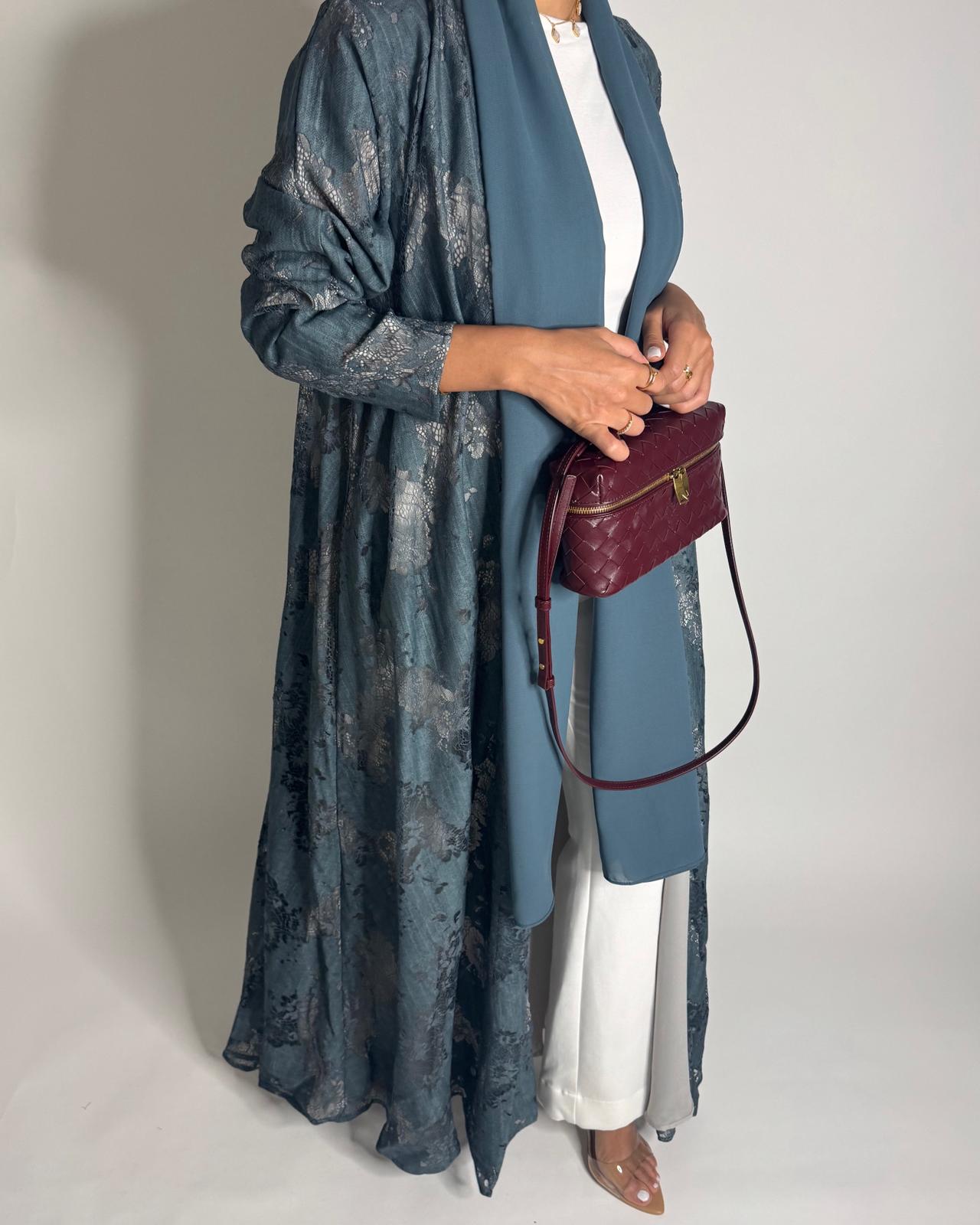 A590 - Teal Blue Linen & Lace A-CUT Summery Abaya & Matching Head Scarf