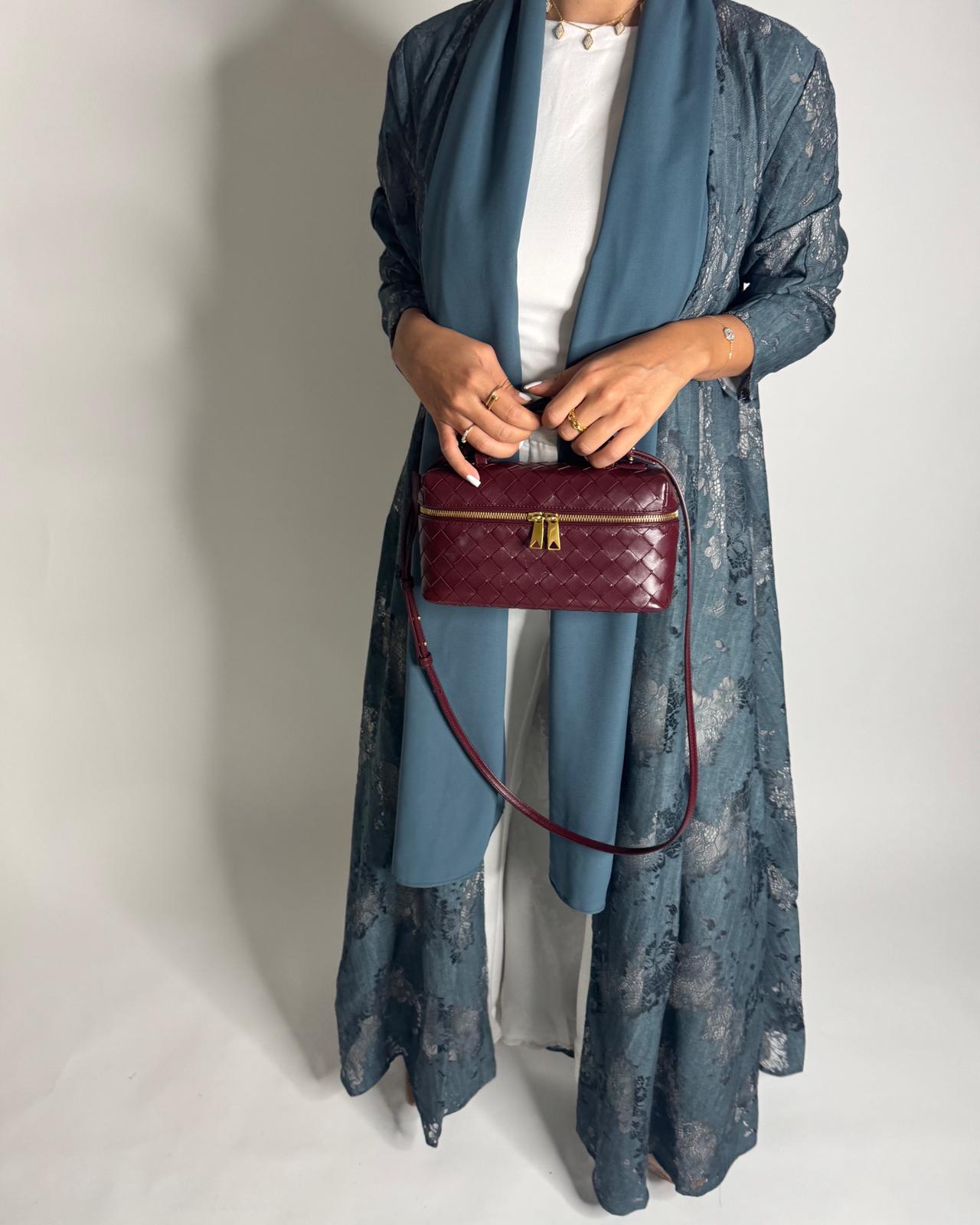 A590 - Teal Blue Linen & Lace A-CUT Summery Abaya & Matching Head Scarf