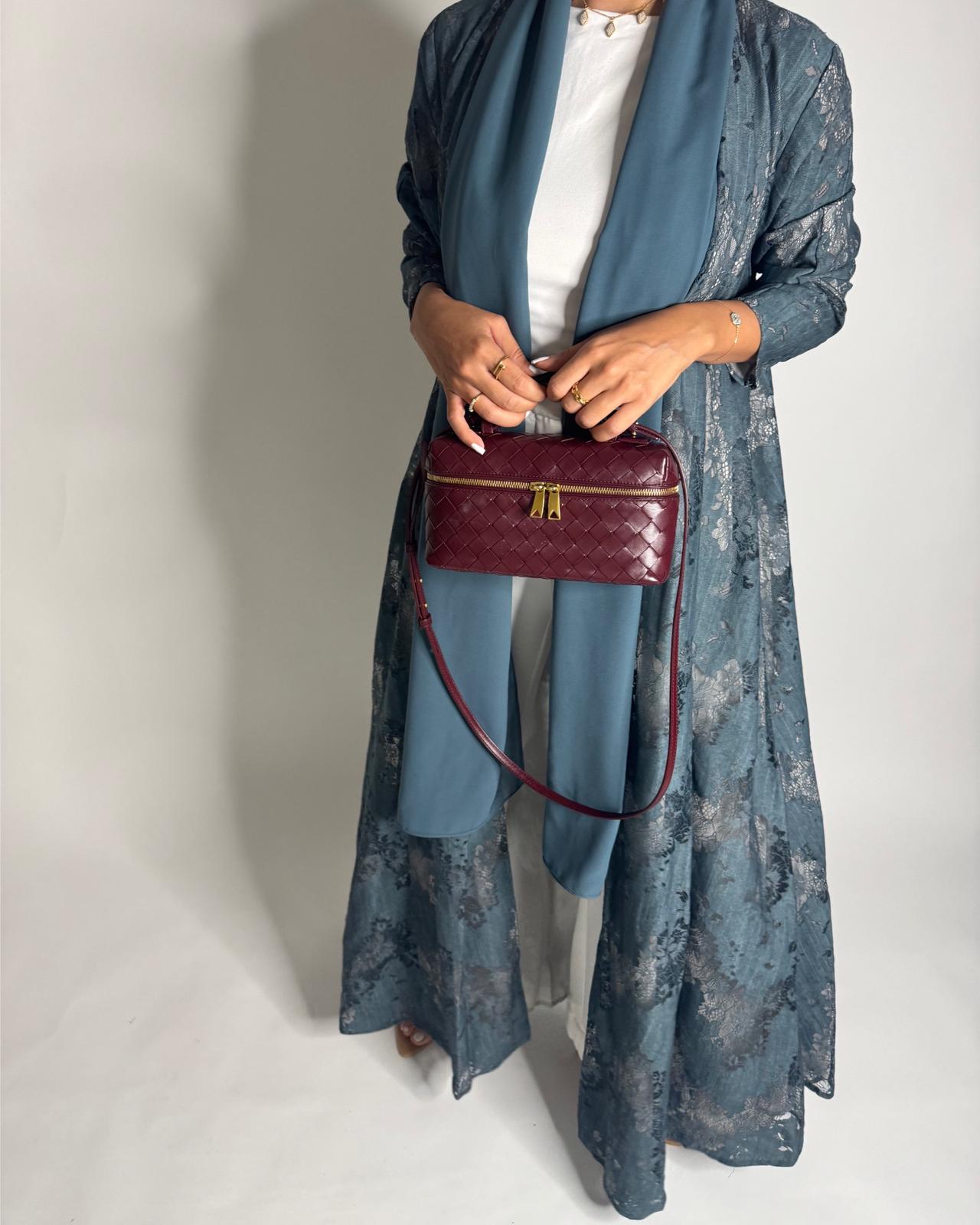 A590 - Teal Blue Linen & Lace A-CUT Summery Abaya & Matching Head Scarf