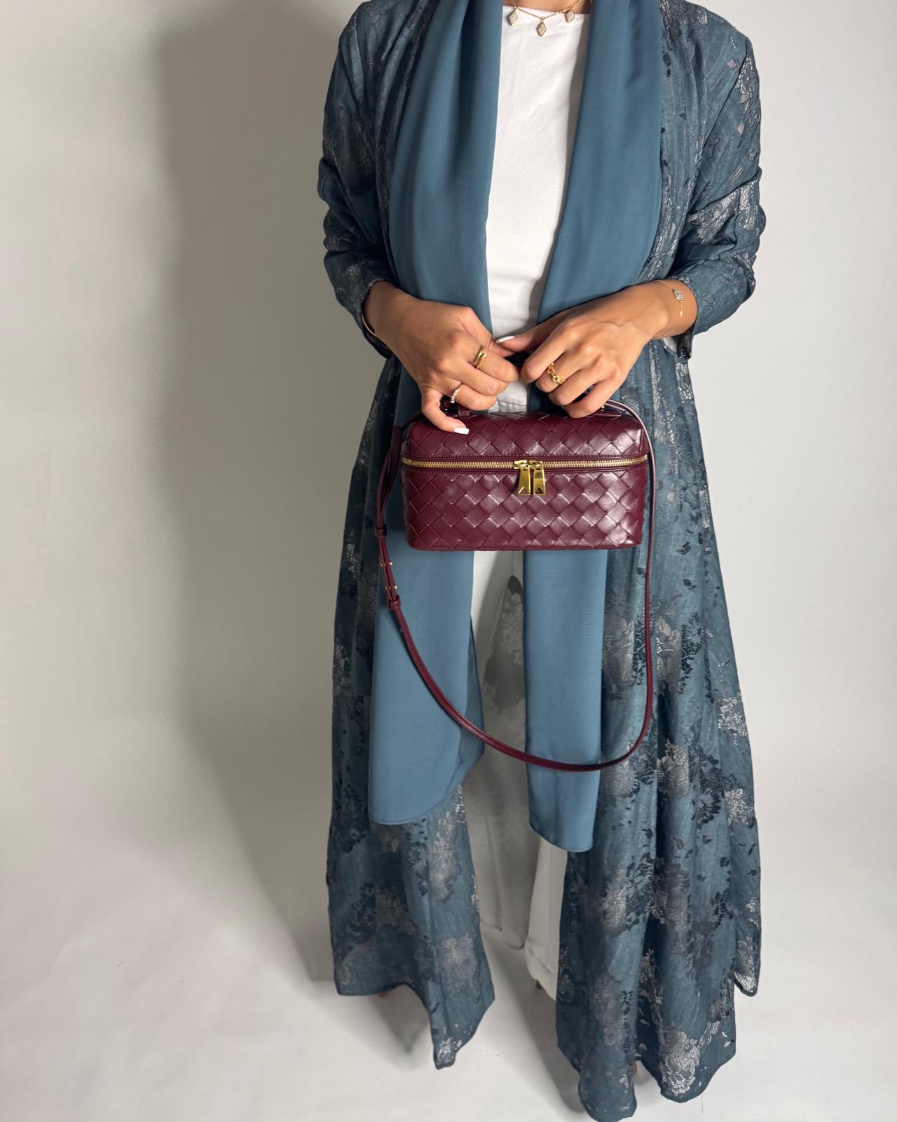 A590 - Teal Blue Linen & Lace A-CUT Summery Abaya & Matching Head Scarf