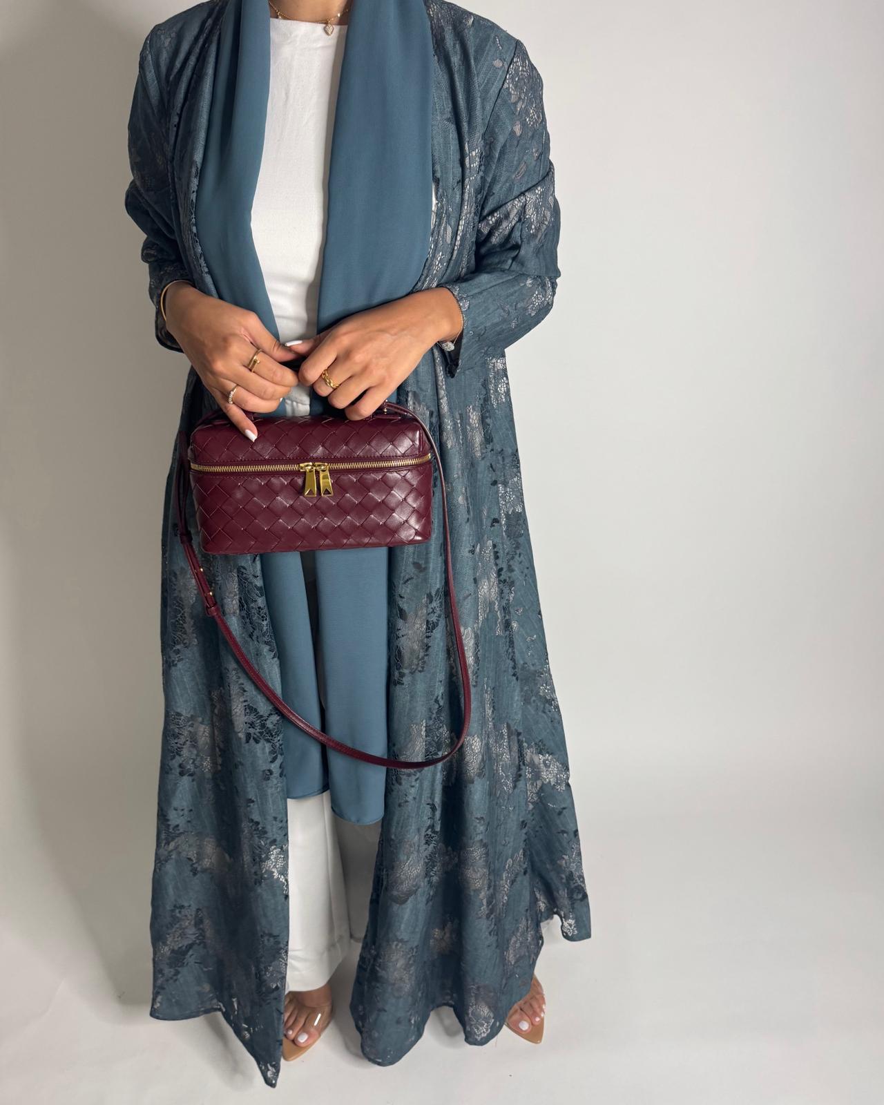 A590 - Teal Blue Linen & Lace A-CUT Summery Abaya & Matching Head Scarf
