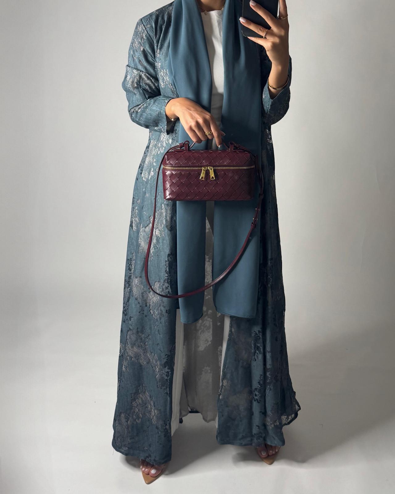 A590 - Teal Blue Linen & Lace A-CUT Summery Abaya & Matching Head Scarf