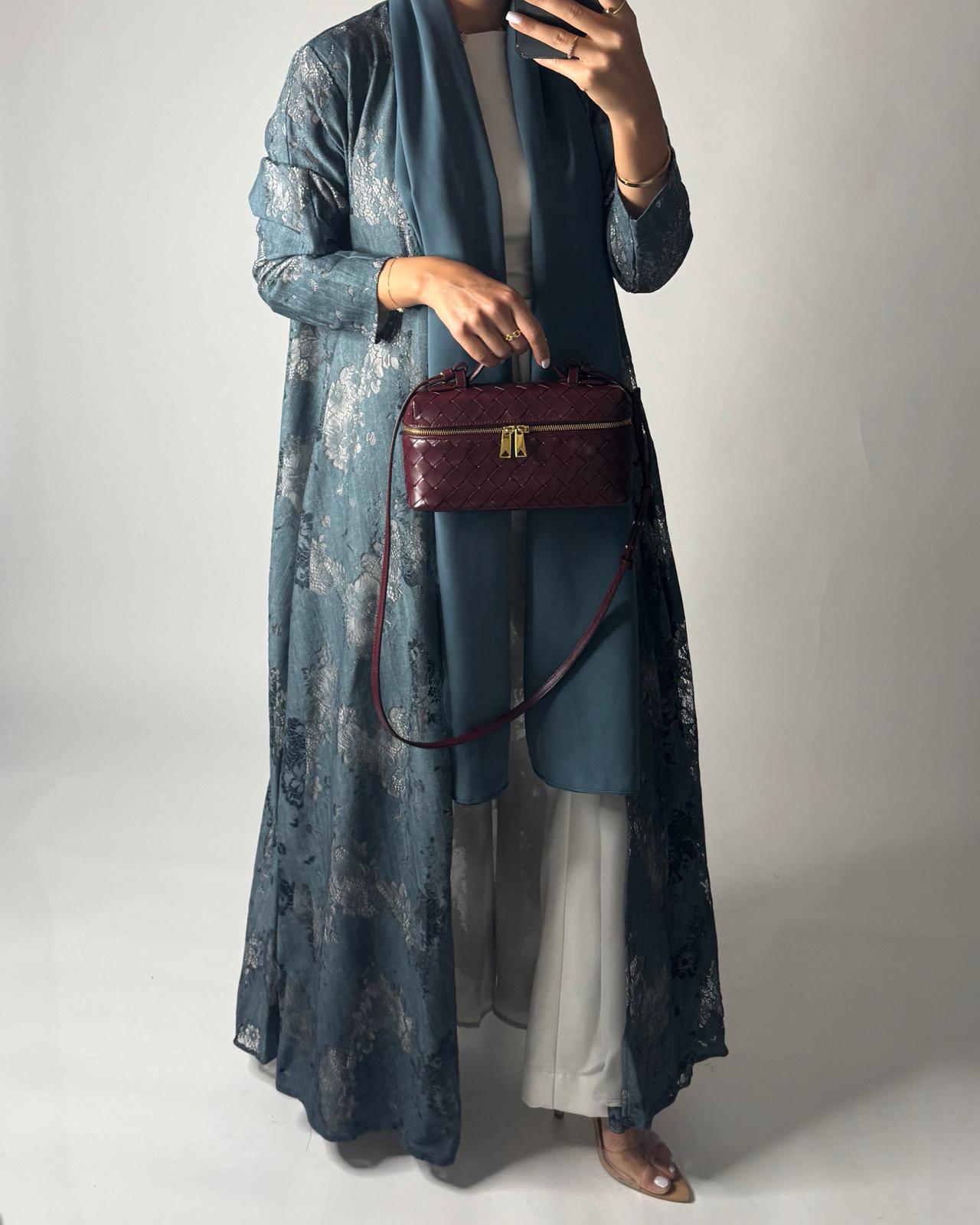 A590 - Teal Blue Linen & Lace A-CUT Summery Abaya & Matching Head Scarf