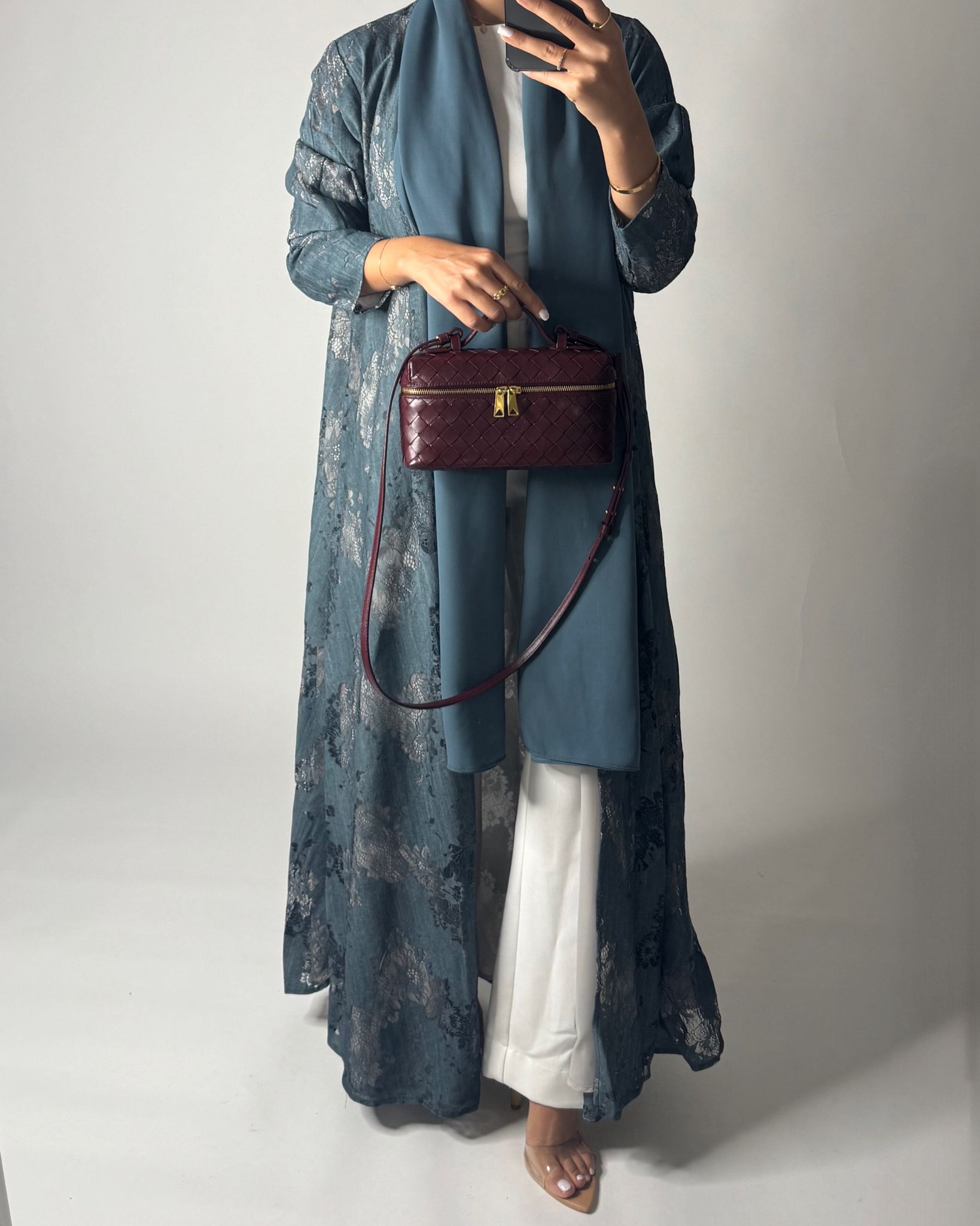 A590 - Teal Blue Linen & Lace A-CUT Summery Abaya & Matching Head Scarf