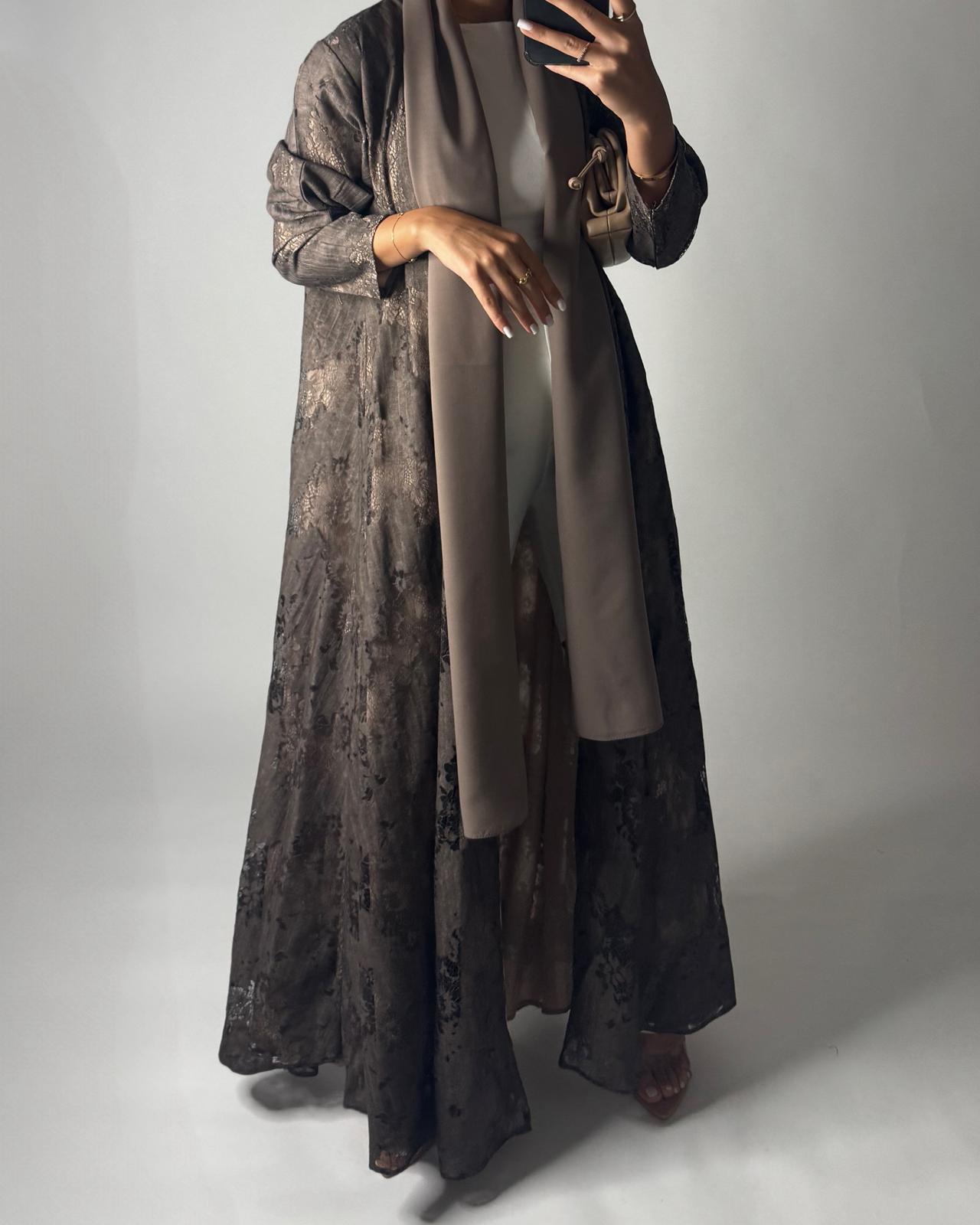 A591 - Brown Linen & Lace A-CUT Summery Abaya & Matching Head Scarf