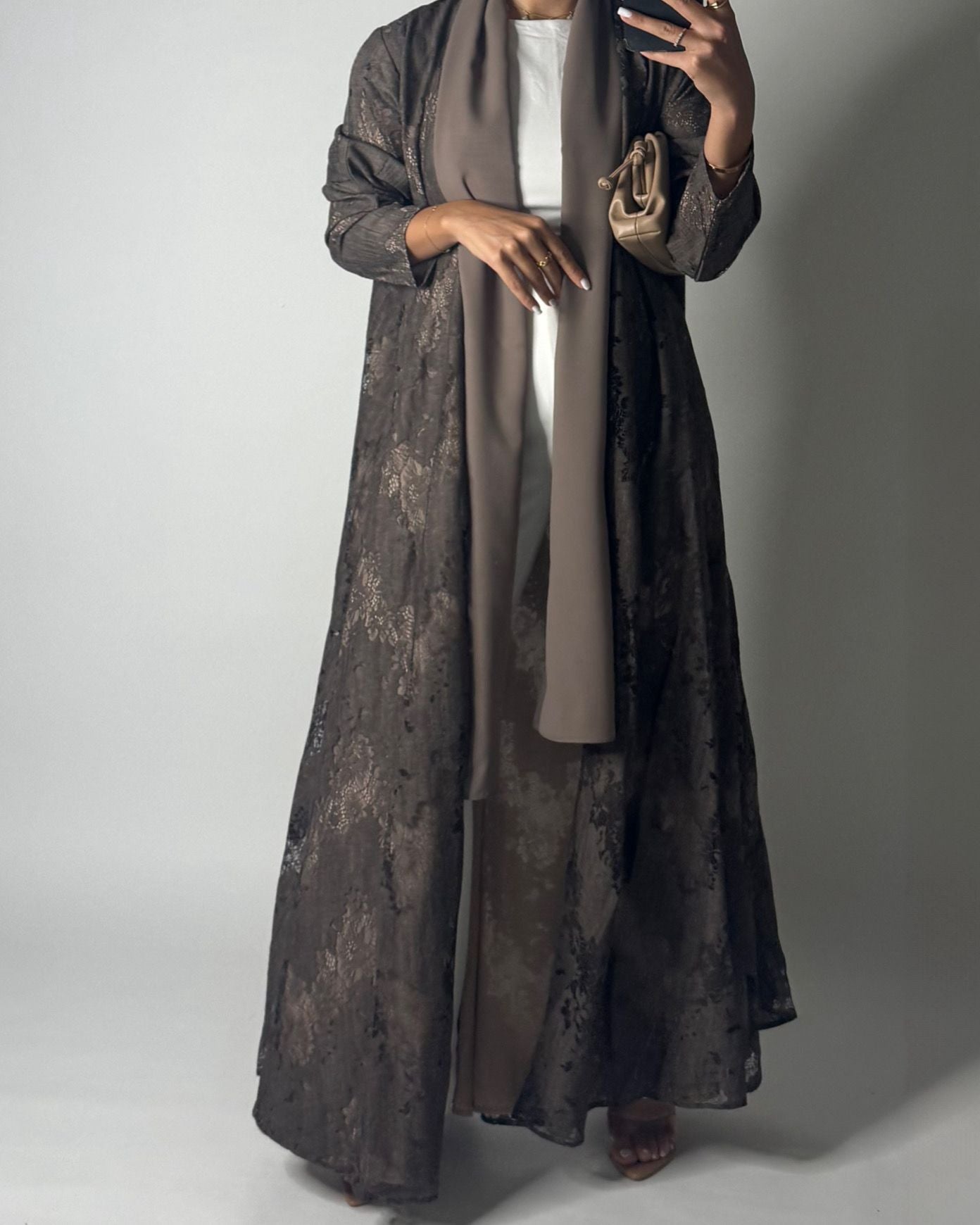 A591 - Brown Linen & Lace A-CUT Summery Abaya & Matching Head Scarf