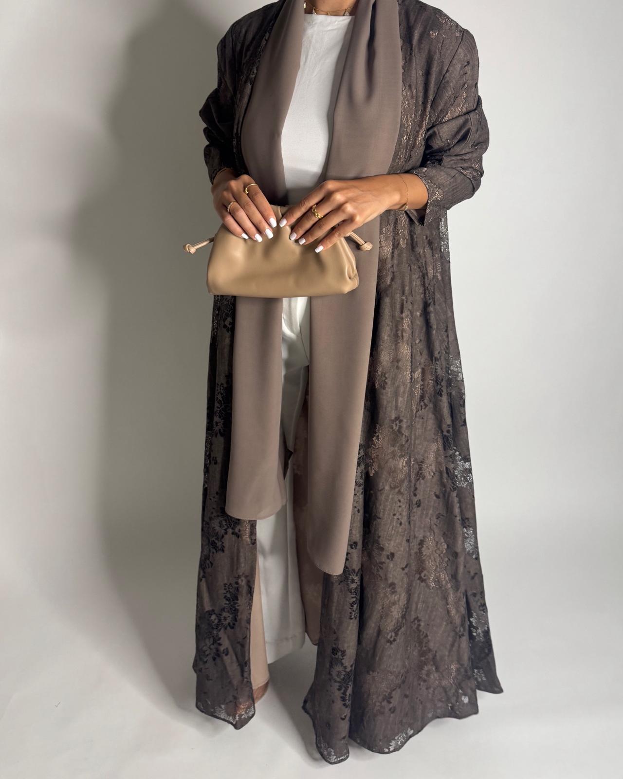 A591 - Brown Linen & Lace A-CUT Summery Abaya & Matching Head Scarf