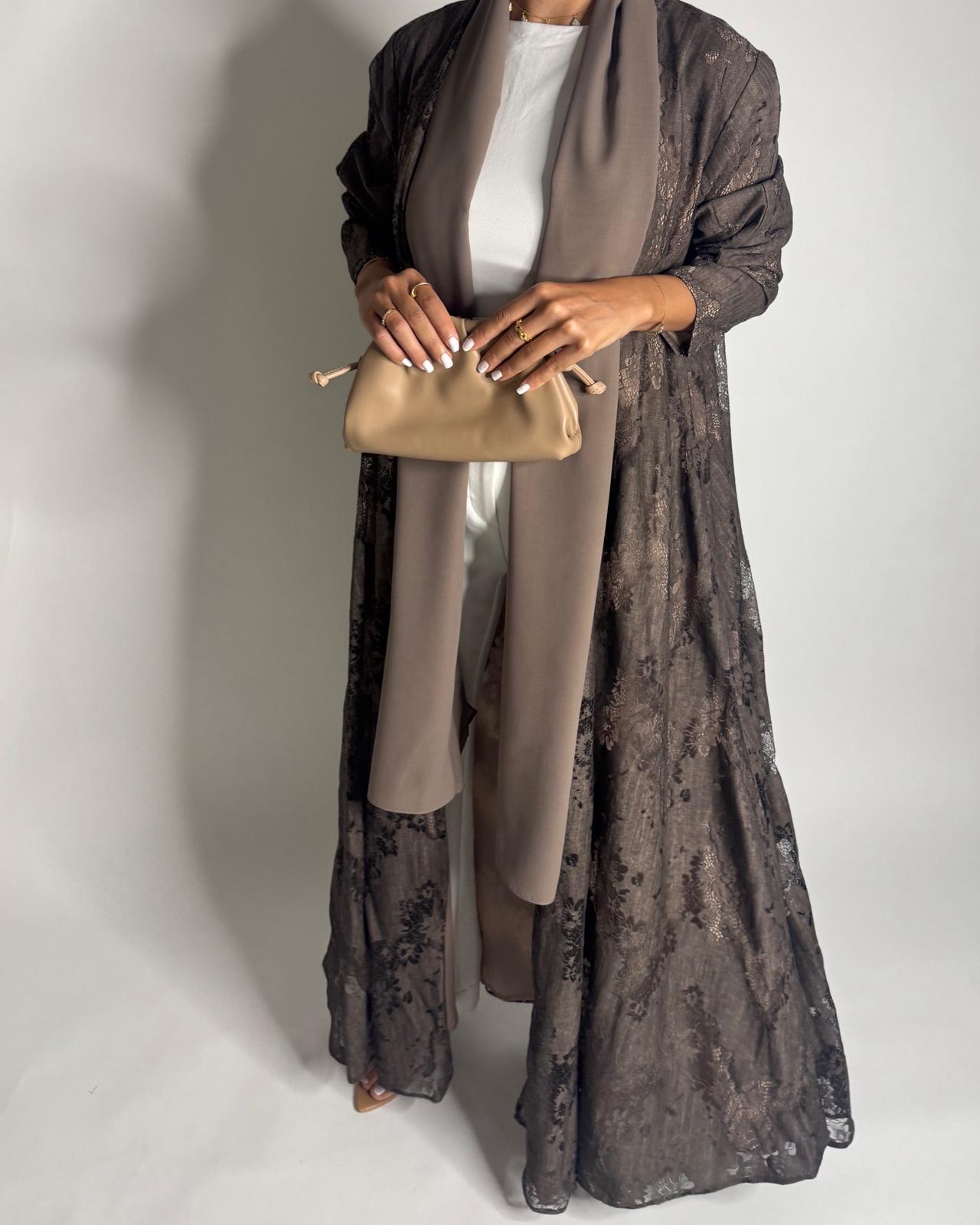 A591 - Brown Linen & Lace A-CUT Summery Abaya & Matching Head Scarf