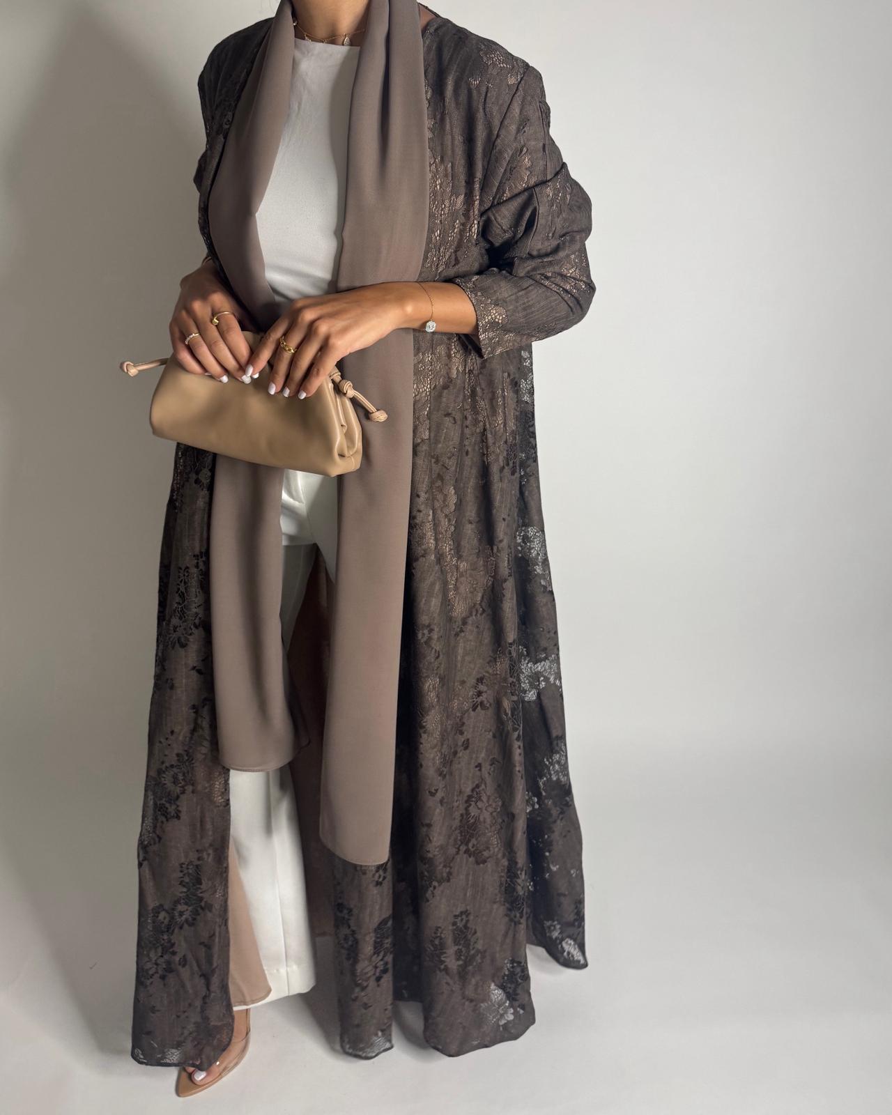 A591 - Brown Linen & Lace A-CUT Summery Abaya & Matching Head Scarf