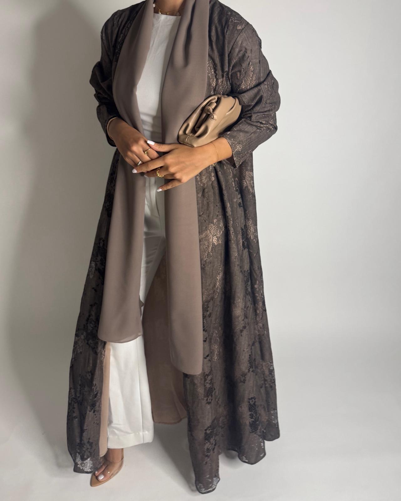 A591 - Brown Linen & Lace A-CUT Summery Abaya & Matching Head Scarf