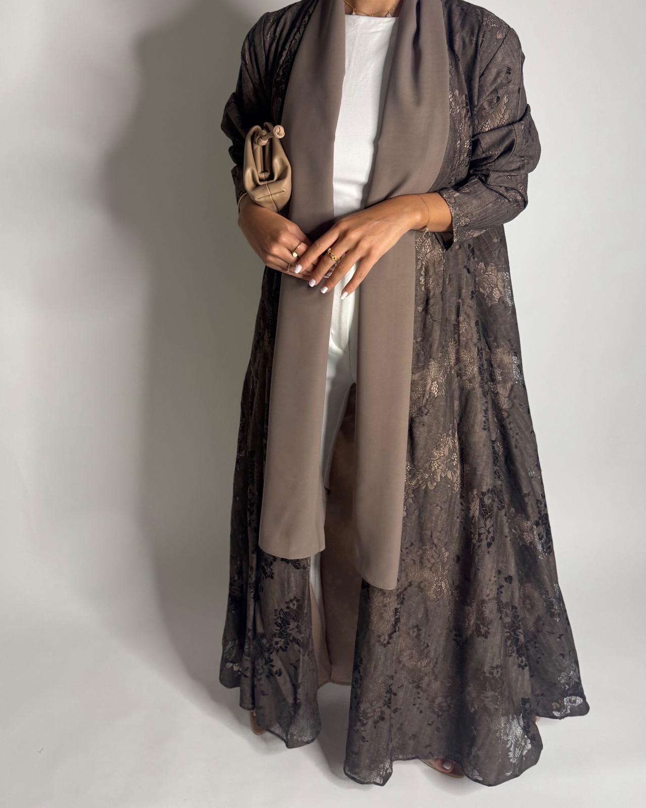 A591 - Brown Linen & Lace A-CUT Summery Abaya & Matching Head Scarf