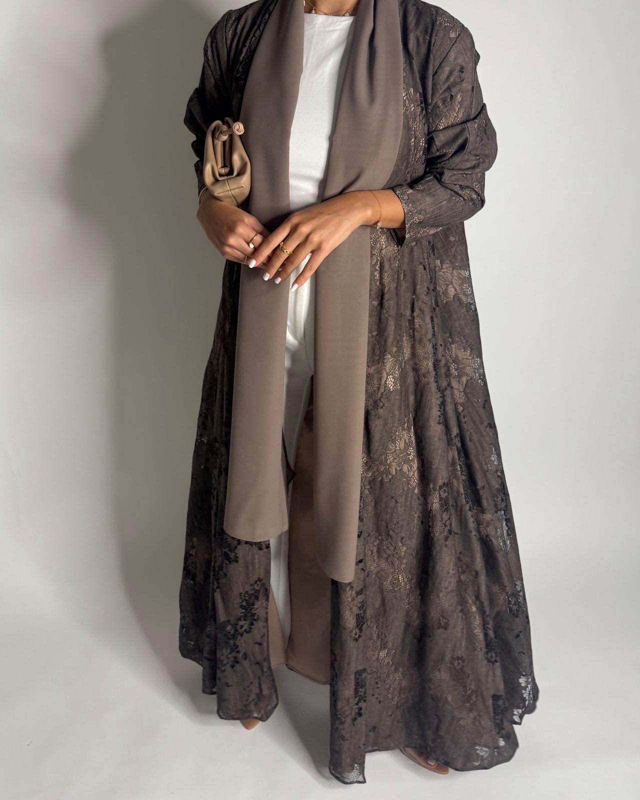 A591 - Brown Linen & Lace A-CUT Summery Abaya & Matching Head Scarf