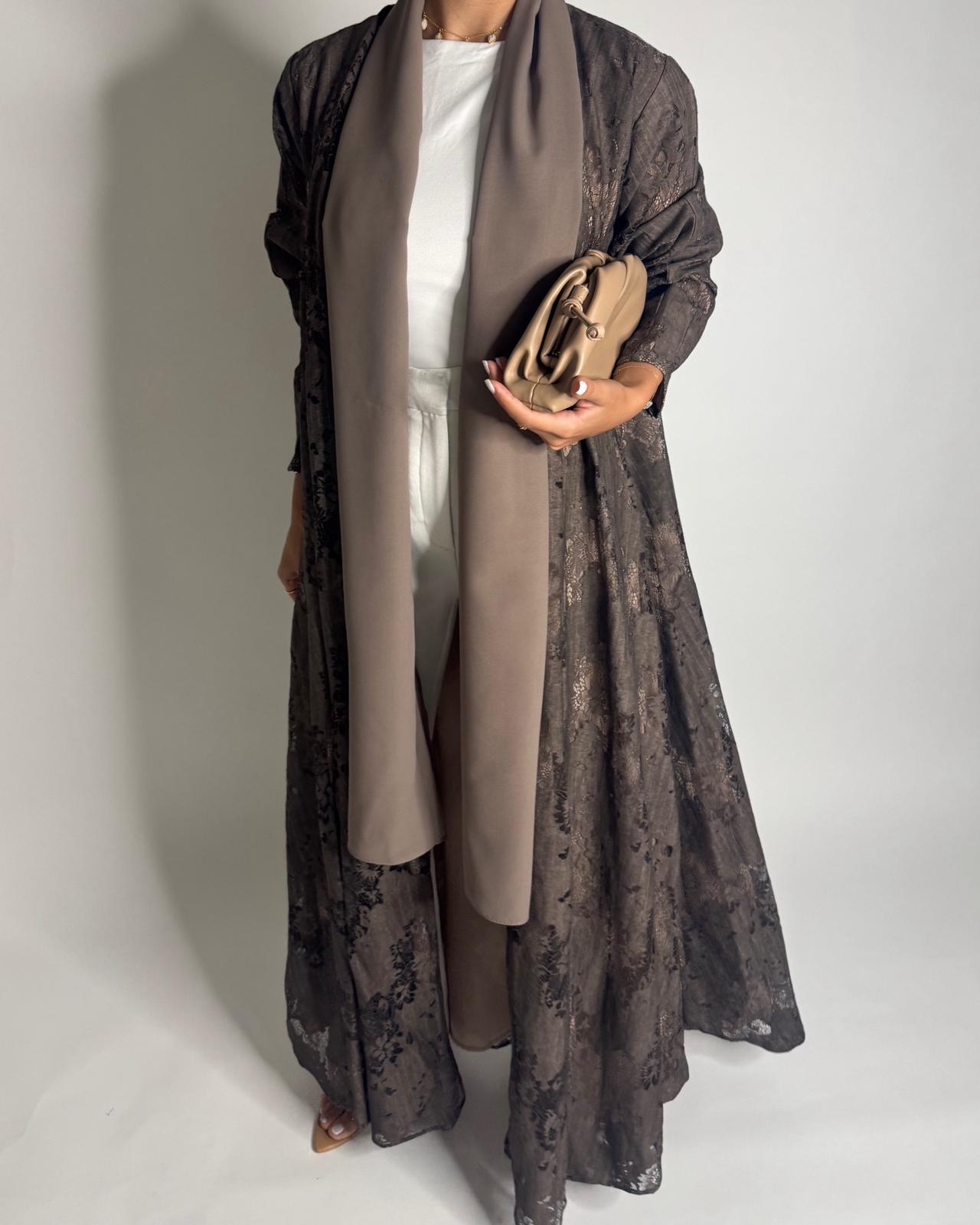 A591 - Brown Linen & Lace A-CUT Summery Abaya & Matching Head Scarf
