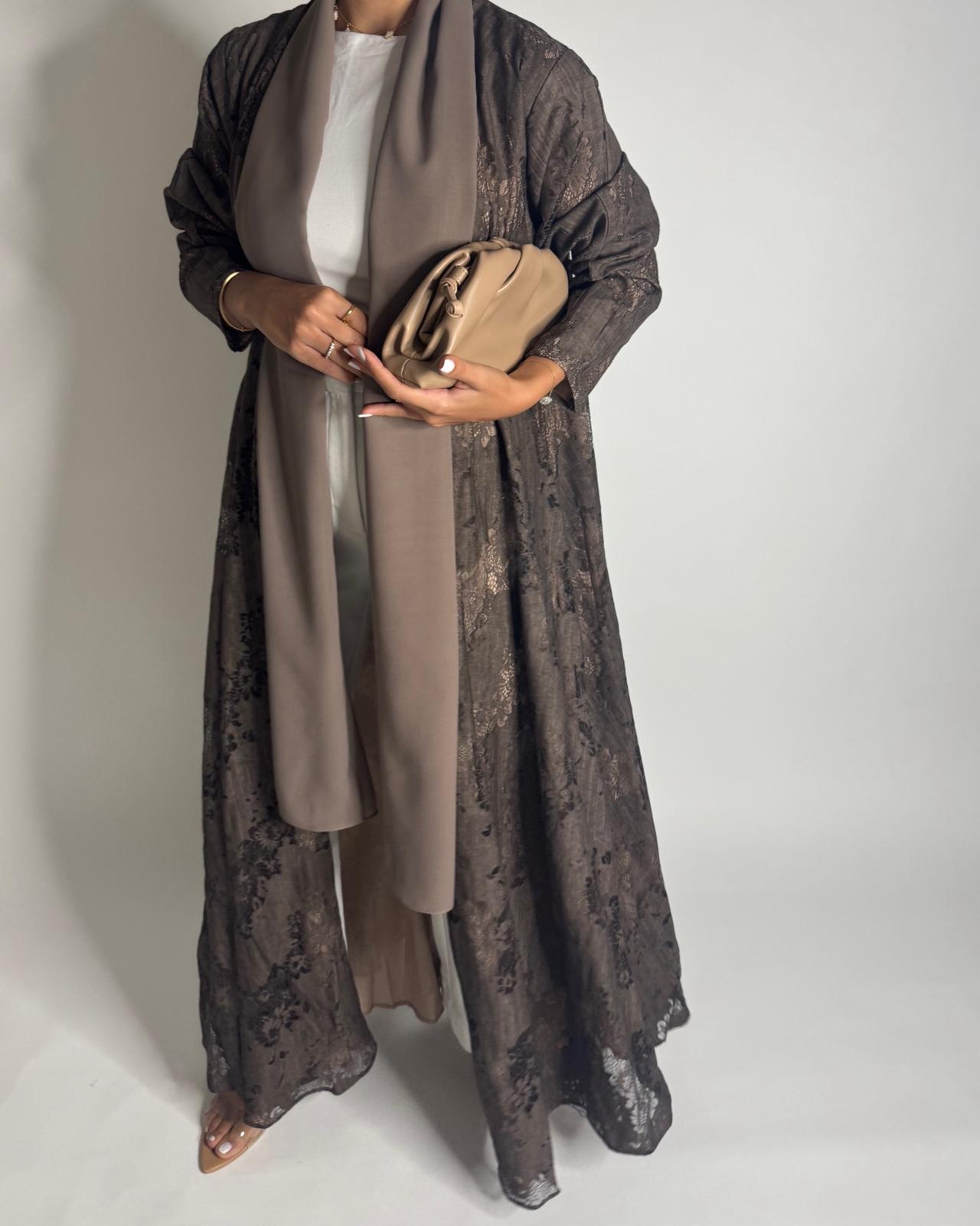 A591 - Brown Linen & Lace A-CUT Summery Abaya & Matching Head Scarf