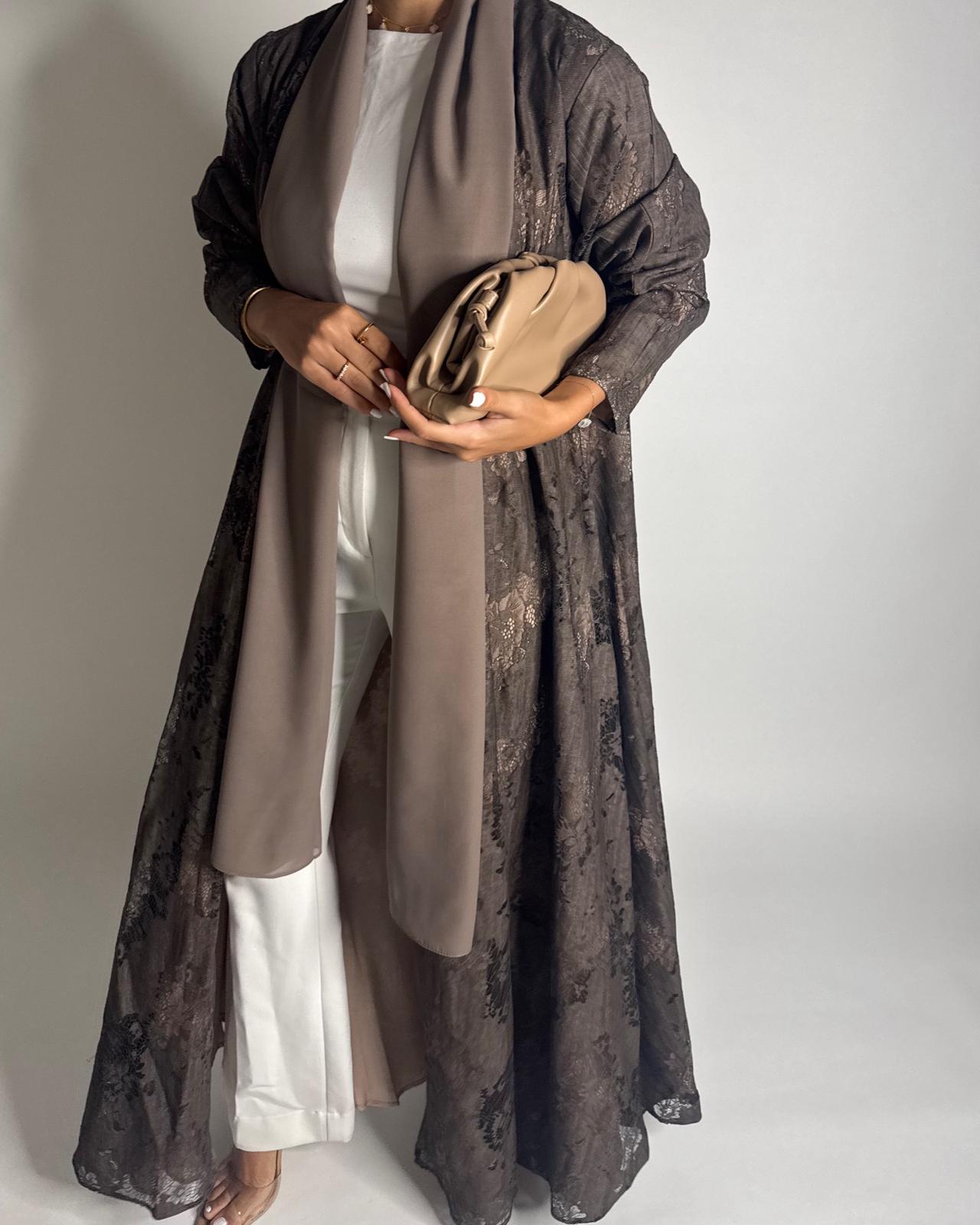 A591 - Brown Linen & Lace A-CUT Summery Abaya & Matching Head Scarf