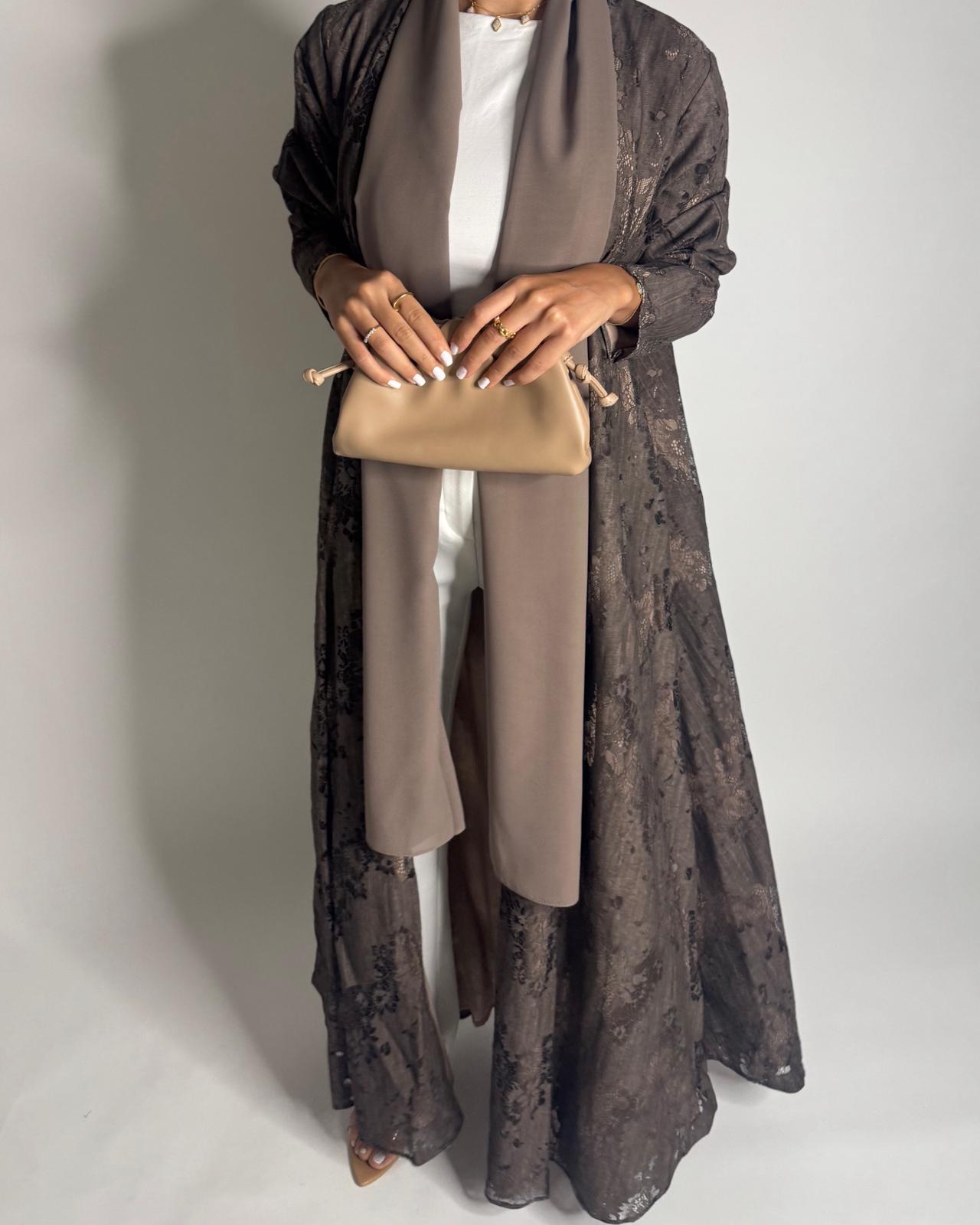 A591 - Brown Linen & Lace A-CUT Summery Abaya & Matching Head Scarf