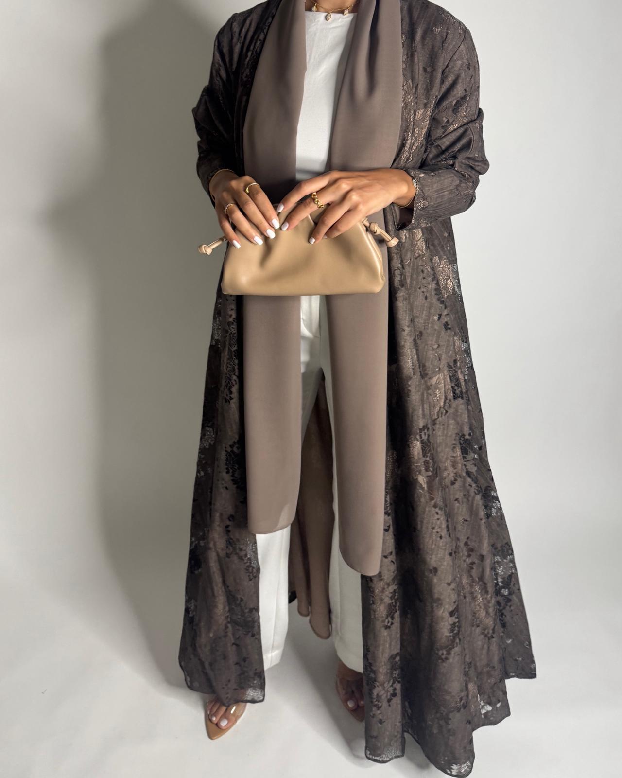 A591 - Brown Linen & Lace A-CUT Summery Abaya & Matching Head Scarf