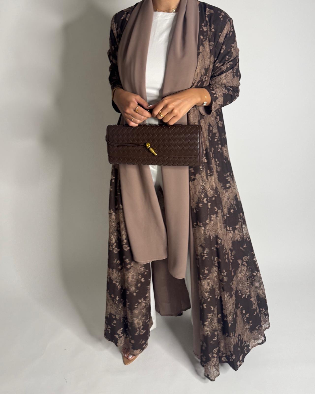 A600 - Shades of Brown Linen & Lace A-CUT Summery Abaya & Matching Head Scarf