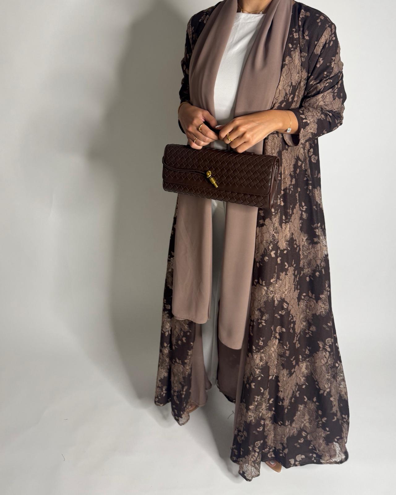 A600 - Shades of Brown Linen & Lace A-CUT Summery Abaya & Matching Head Scarf